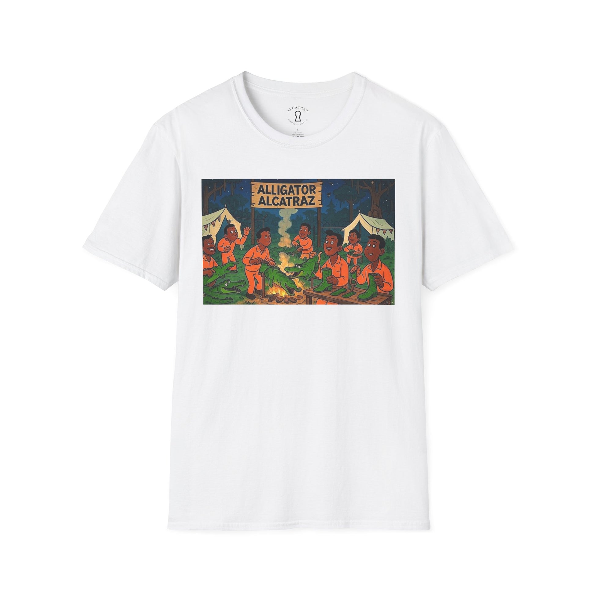 Raza Alligator Alcatraz T-Shirt, Campfire Graphic Tee Outdoor Adventure Shirt, Boots and belts