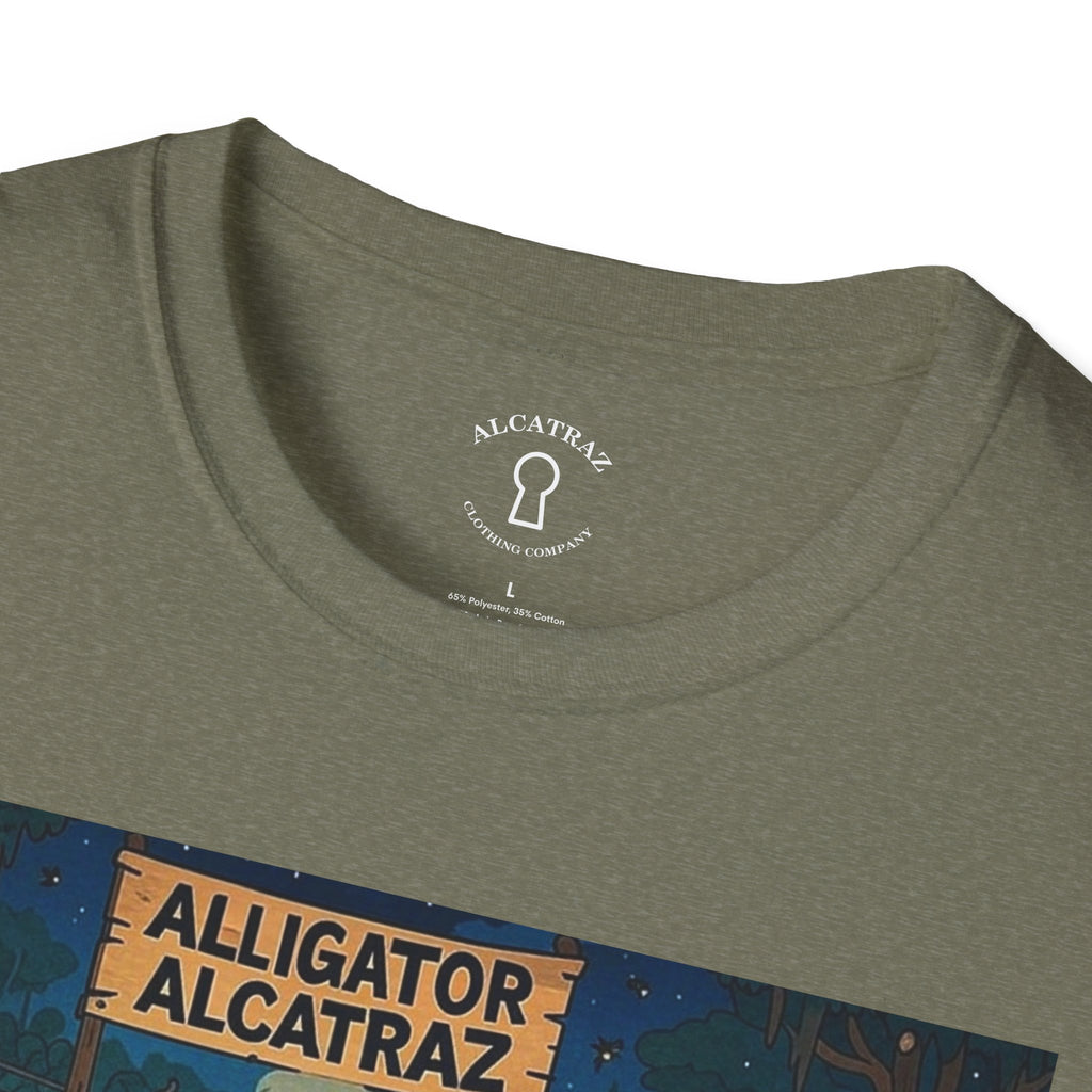 Raza Alligator Alcatraz T-Shirt, Campfire Graphic Tee Outdoor Adventure Shirt, Boots and belts