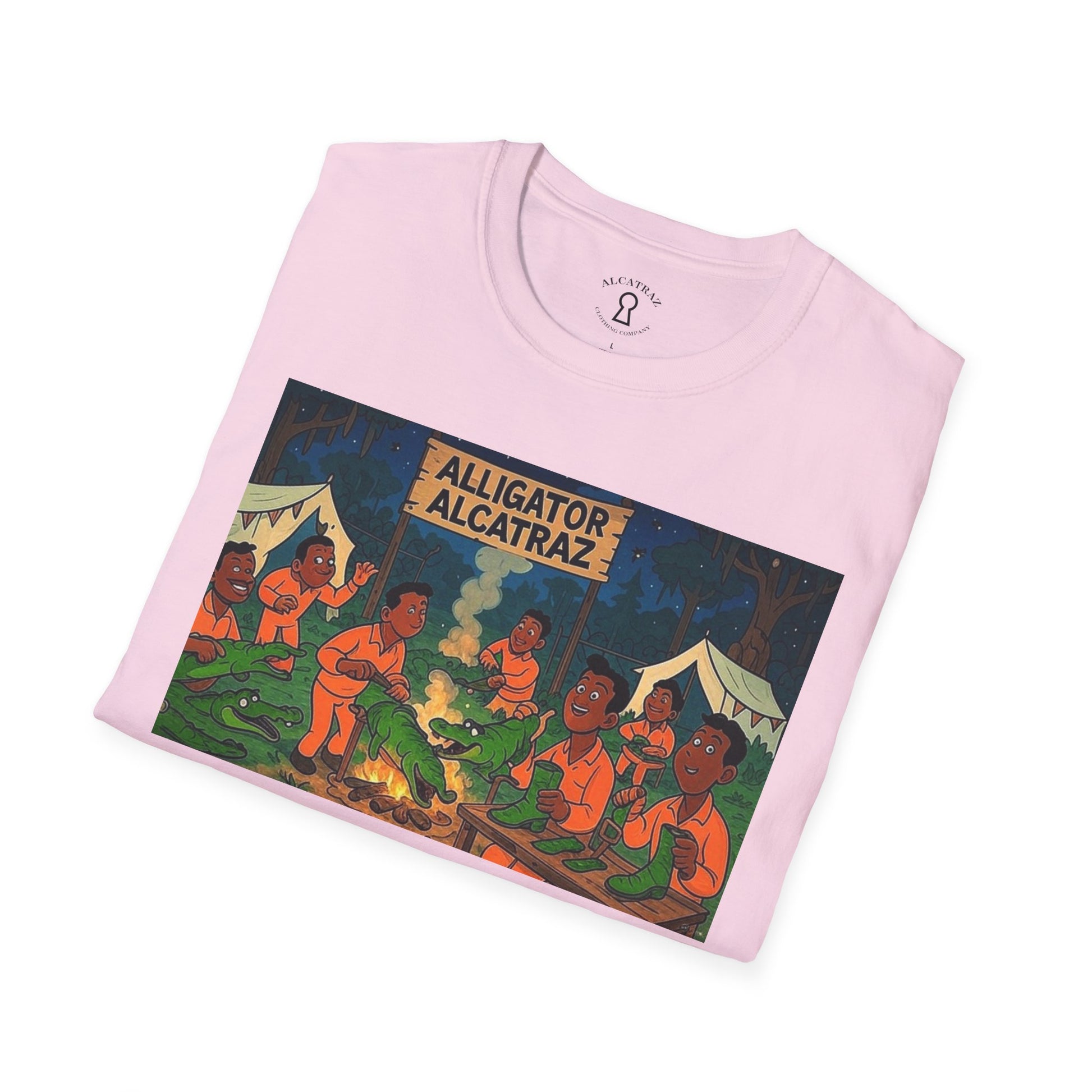 Raza Alligator Alcatraz T-Shirt, Campfire Graphic Tee Outdoor Adventure Shirt, Boots and belts