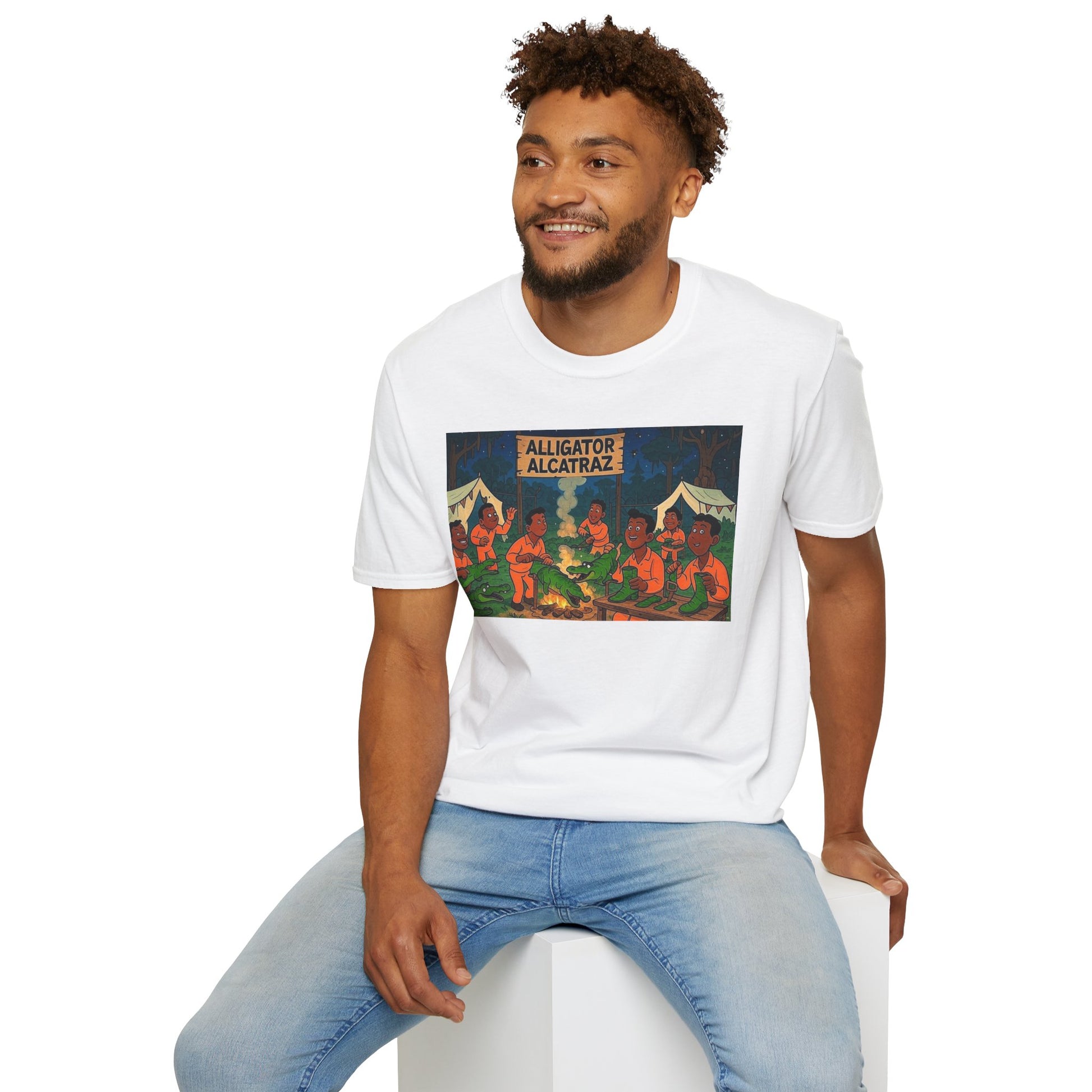 Raza Alligator Alcatraz T-Shirt, Campfire Graphic Tee Outdoor Adventure Shirt, Boots and belts