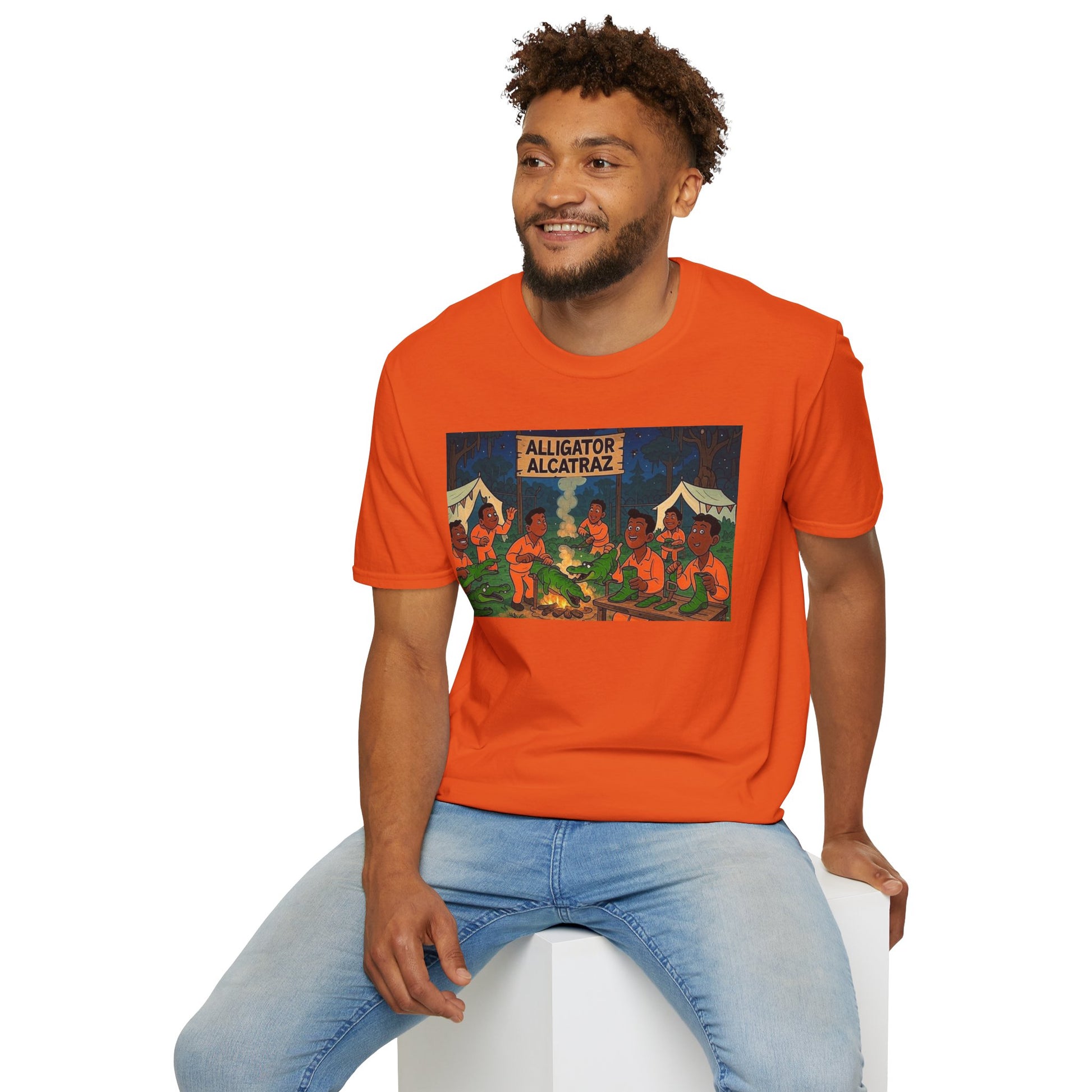 Raza Alligator Alcatraz T-Shirt, Campfire Graphic Tee Outdoor Adventure Shirt, Boots and belts