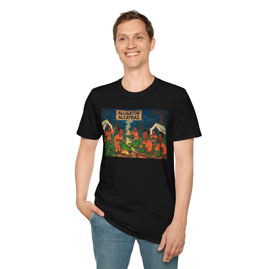 Raza Alligator Alcatraz T-Shirt, Campfire Graphic Tee Outdoor Adventure Shirt, Boots and belts