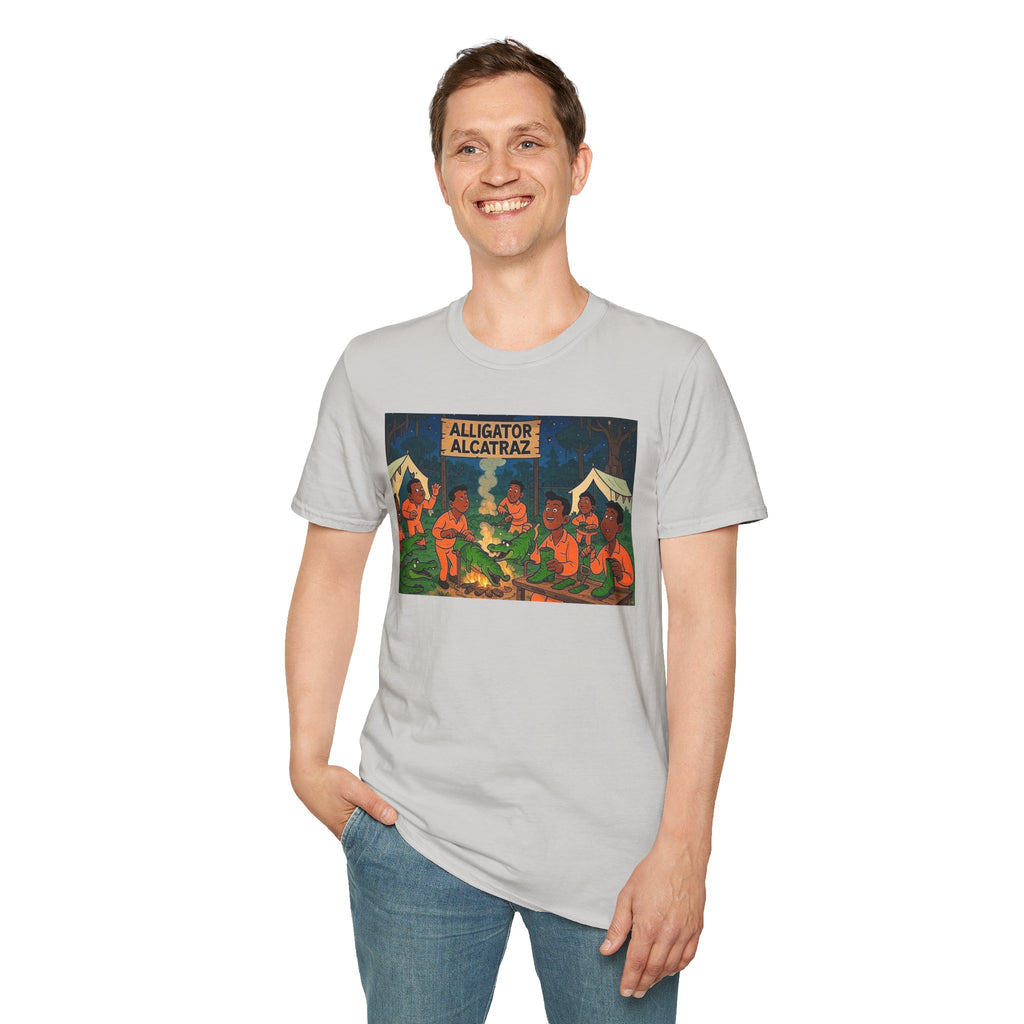 Raza Alligator Alcatraz T-Shirt, Campfire Graphic Tee Outdoor Adventure Shirt, Boots and belts