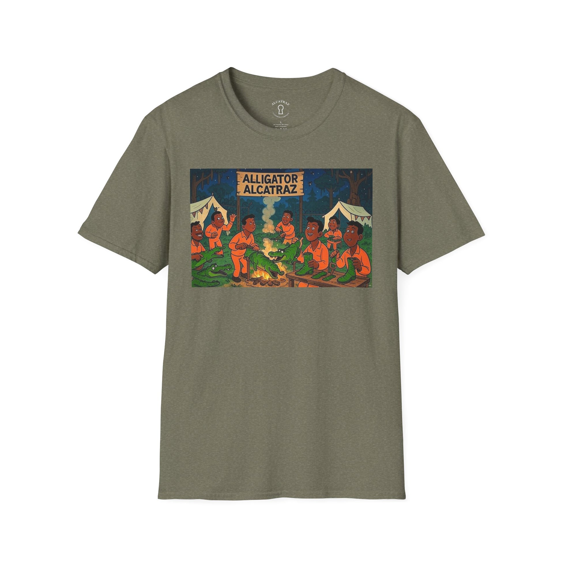 Raza Alligator Alcatraz T-Shirt, Campfire Graphic Tee Outdoor Adventure Shirt, Boots and belts