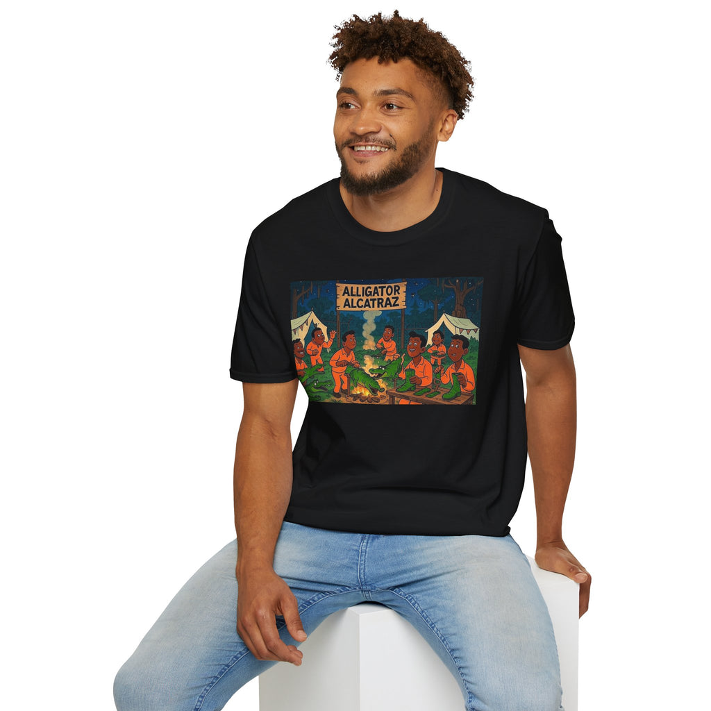 Raza Alligator Alcatraz T-Shirt, Campfire Graphic Tee Outdoor Adventure Shirt, Boots and belts