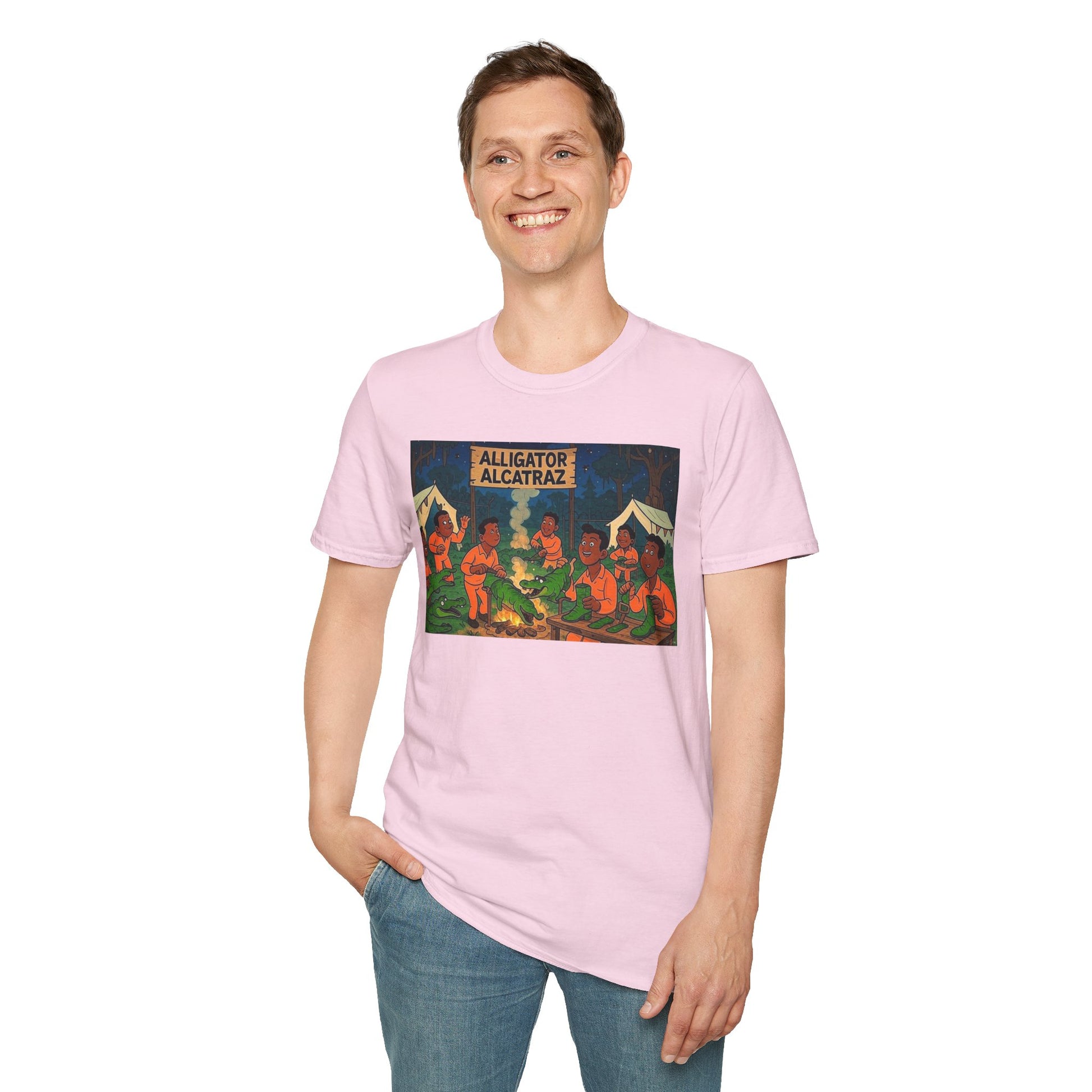 Raza Alligator Alcatraz T-Shirt, Campfire Graphic Tee Outdoor Adventure Shirt, Boots and belts
