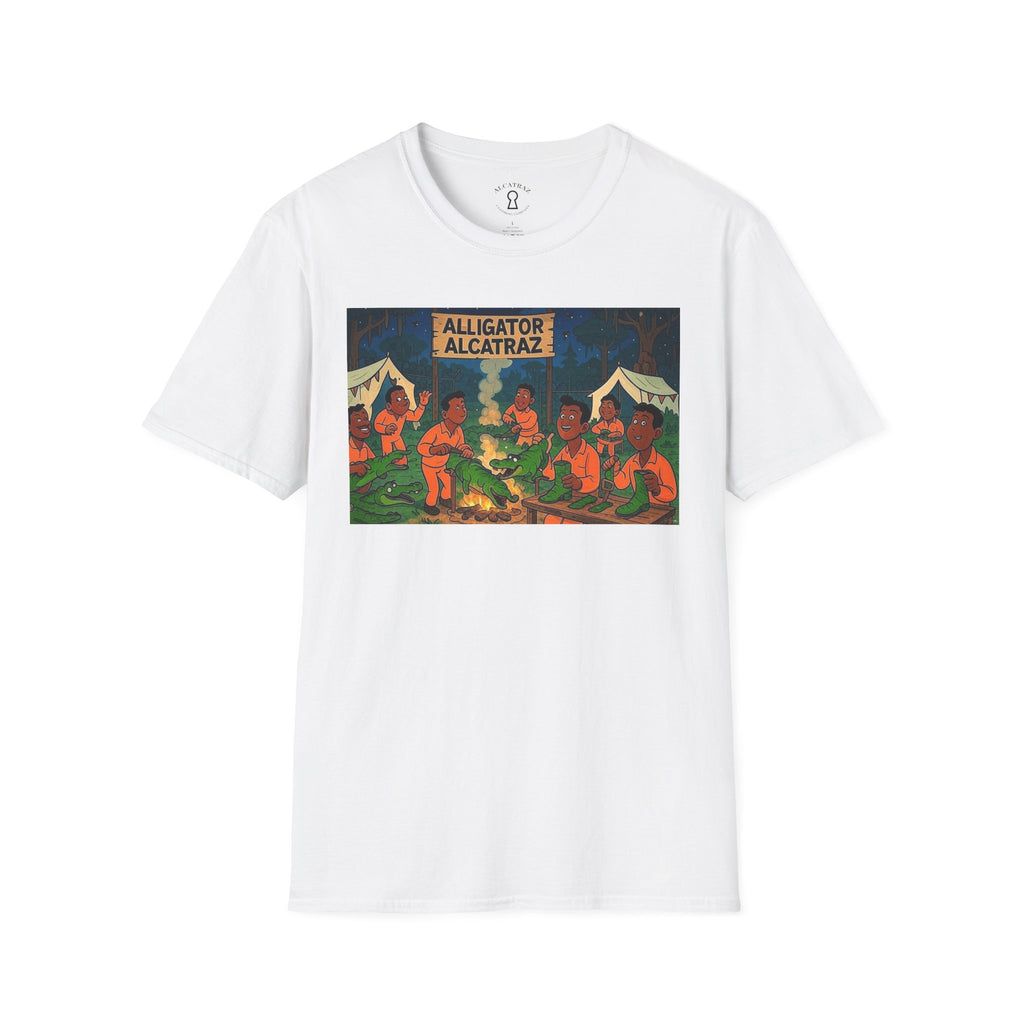 Raza Alligator Alcatraz T-Shirt, Campfire Graphic Tee Outdoor Adventure Shirt, Boots and belts