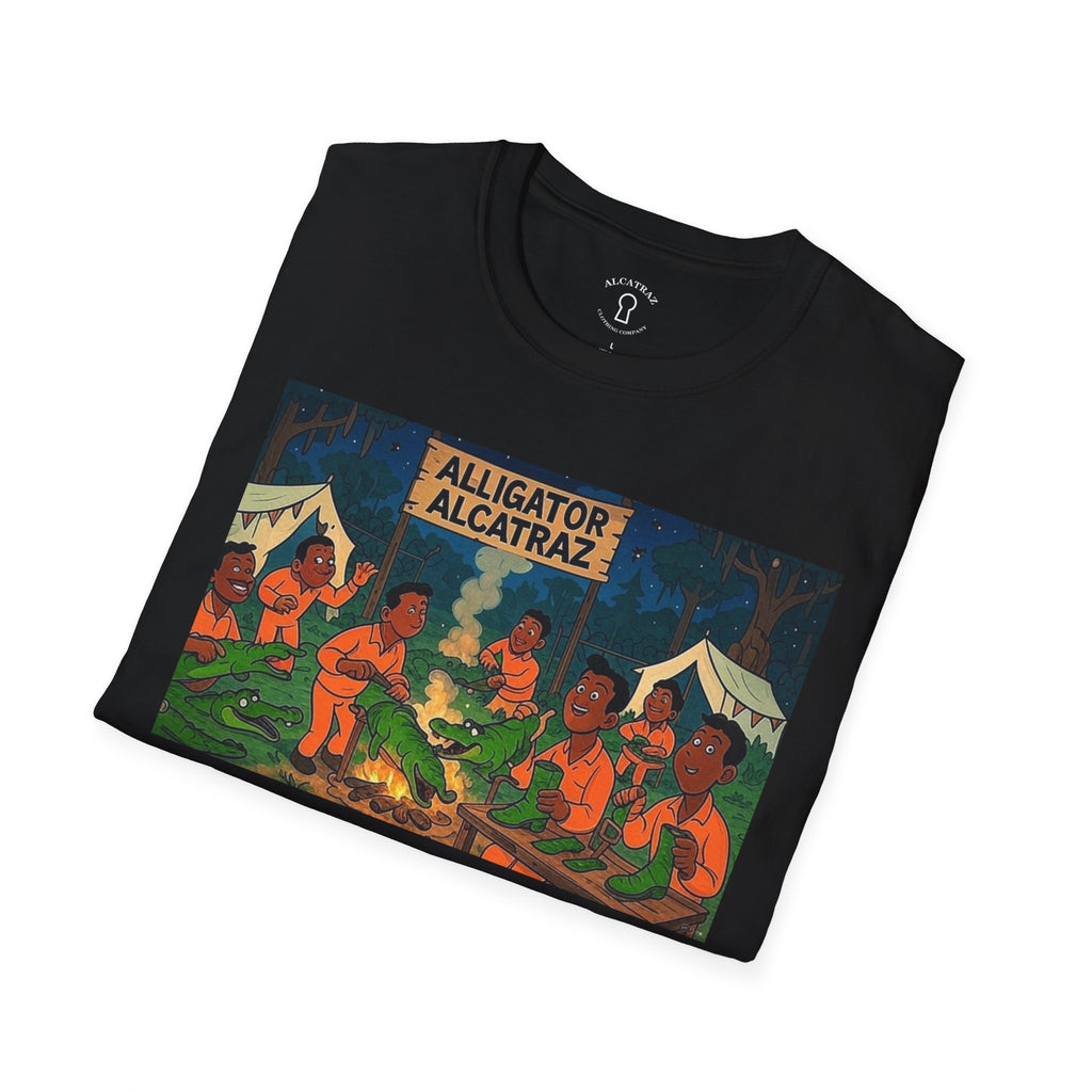 Raza Alligator Alcatraz T-Shirt, Campfire Graphic Tee Outdoor Adventure Shirt, Boots and belts