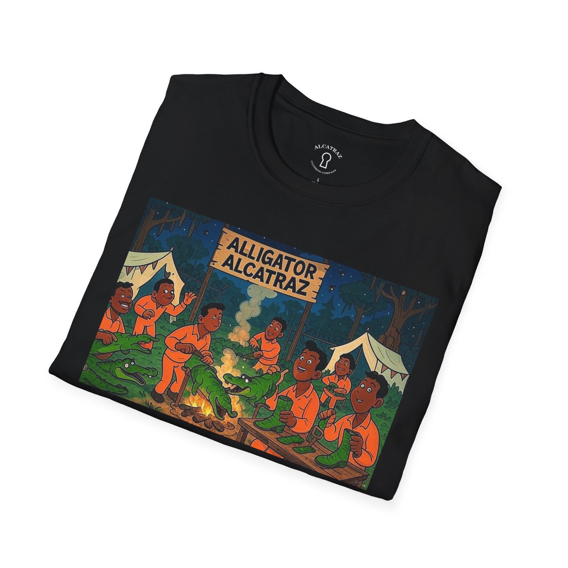 Raza Alligator Alcatraz T-Shirt, Campfire Graphic Tee Outdoor Adventure Shirt, Boots and belts