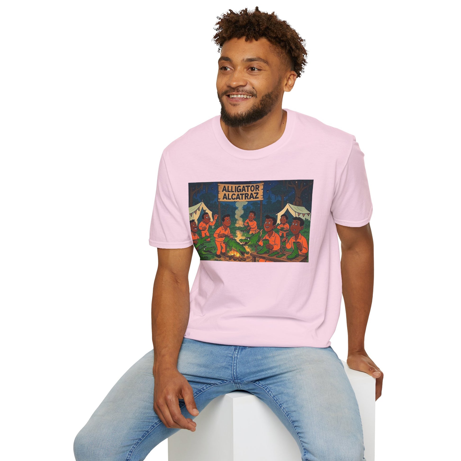 Raza Alligator Alcatraz T-Shirt, Campfire Graphic Tee Outdoor Adventure Shirt, Boots and belts
