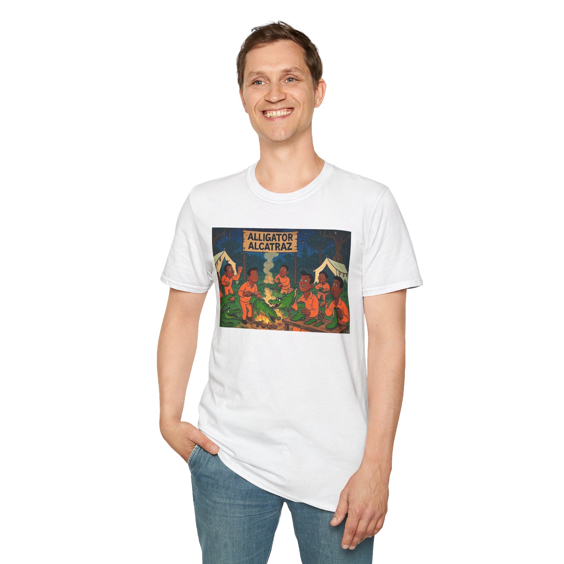 Raza Alligator Alcatraz T-Shirt, Campfire Graphic Tee Outdoor Adventure Shirt, Boots and belts