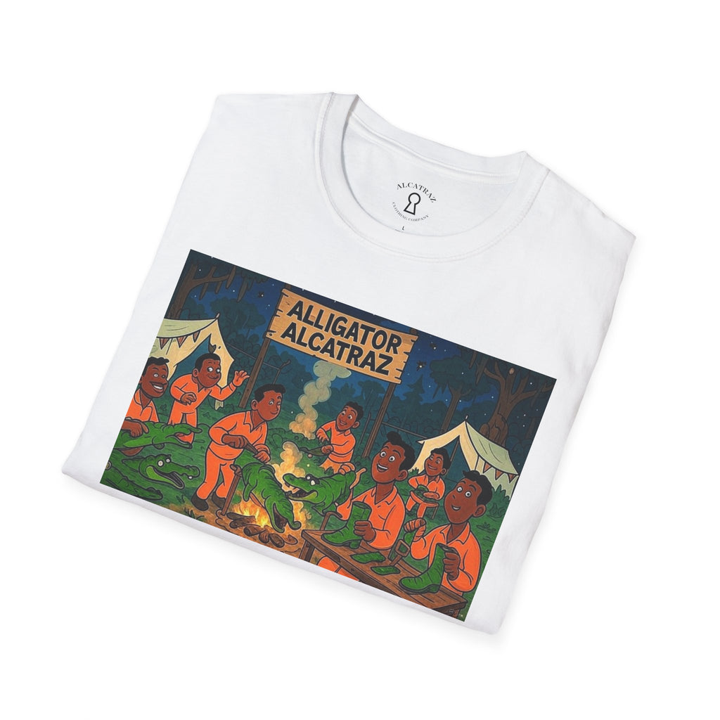 Raza Alligator Alcatraz T-Shirt, Campfire Graphic Tee Outdoor Adventure Shirt, Boots and belts