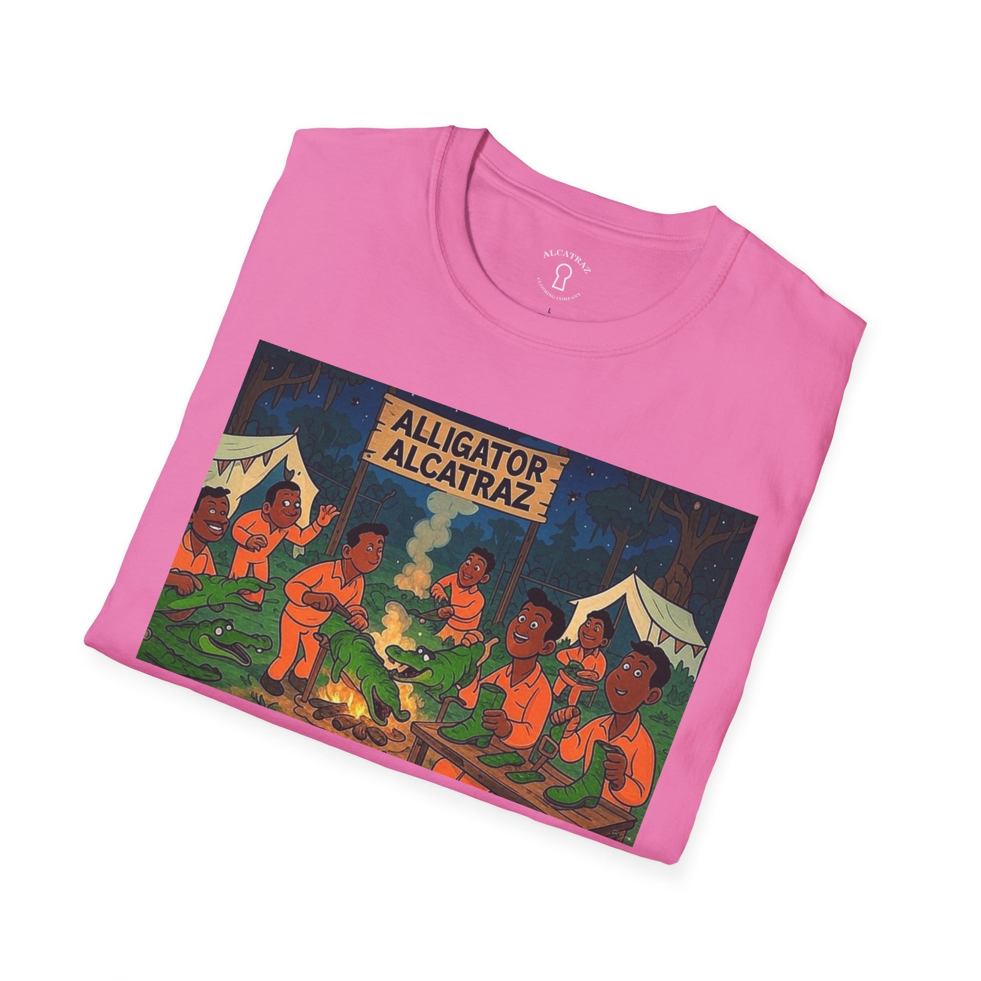 Raza Alligator Alcatraz T-Shirt, Campfire Graphic Tee Outdoor Adventure Shirt, Boots and belts