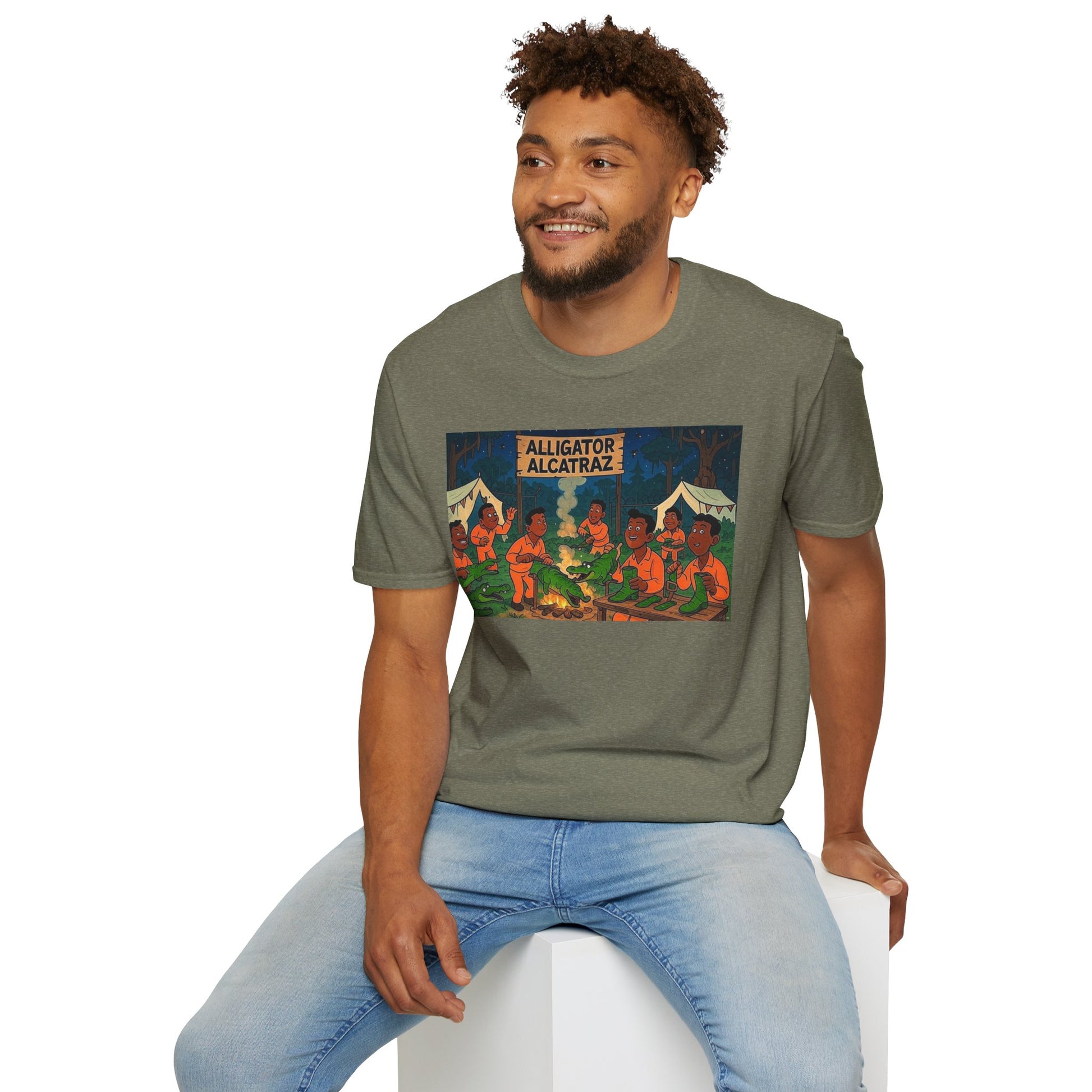 Raza Alligator Alcatraz T-Shirt, Campfire Graphic Tee Outdoor Adventure Shirt, Boots and belts