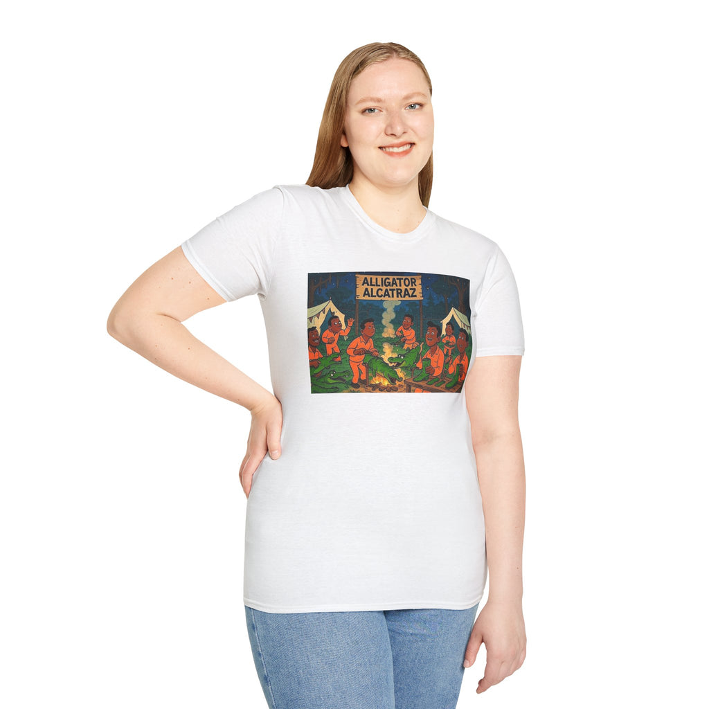 Raza Alligator Alcatraz T-Shirt, Campfire Graphic Tee Outdoor Adventure Shirt, Boots and belts