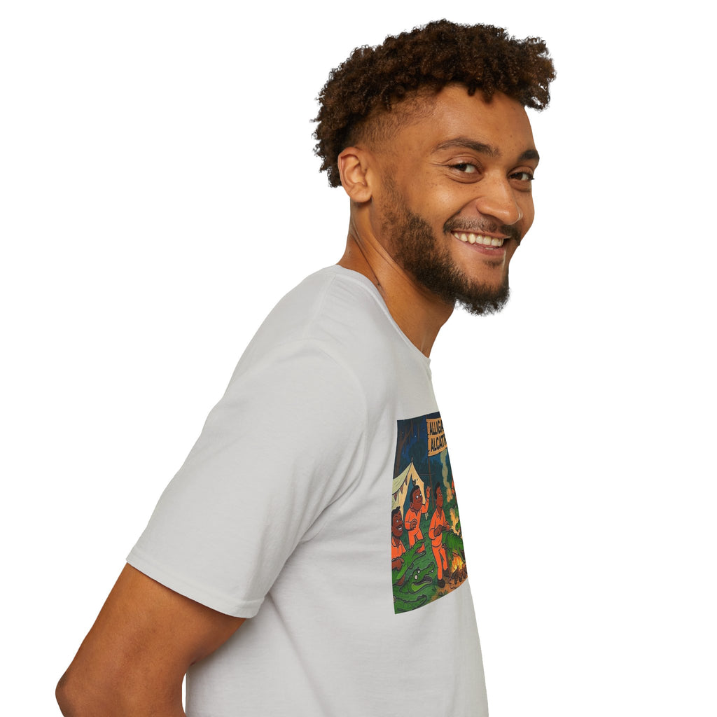 Raza Alligator Alcatraz T-Shirt, Campfire Graphic Tee Outdoor Adventure Shirt, Boots and belts