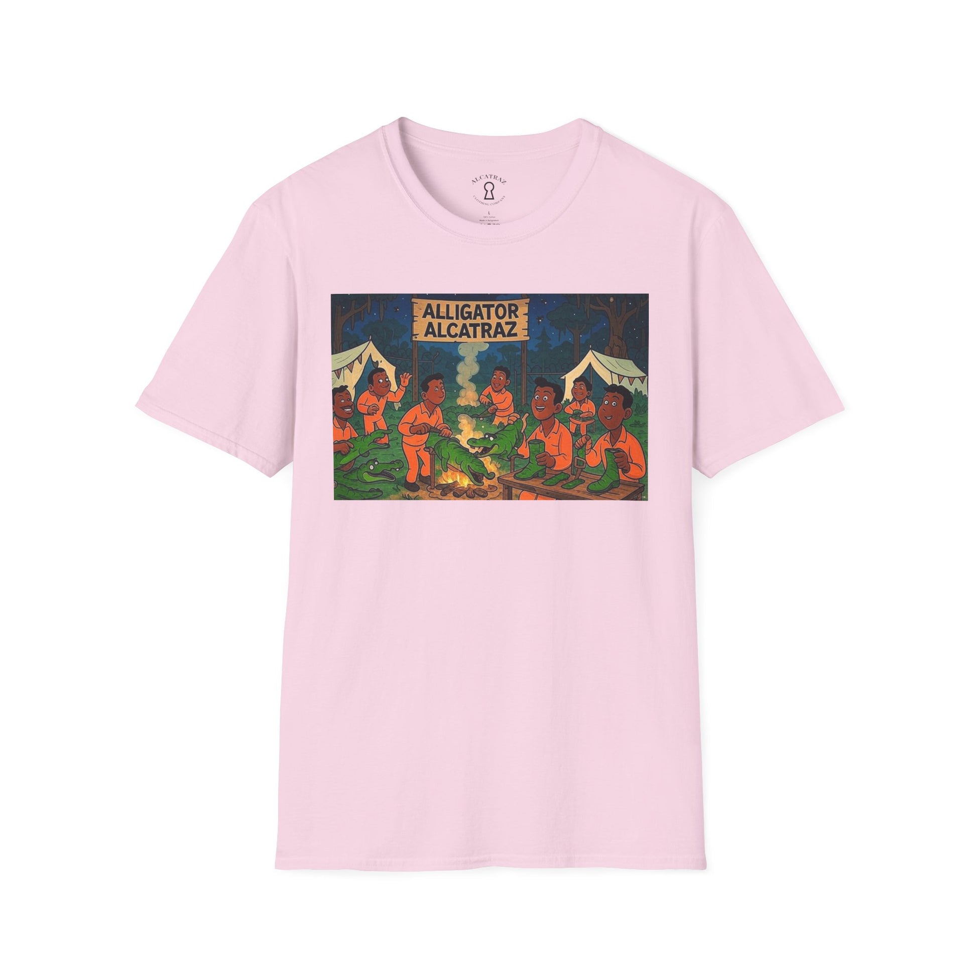 Raza Alligator Alcatraz T-Shirt, Campfire Graphic Tee Outdoor Adventure Shirt, Boots and belts