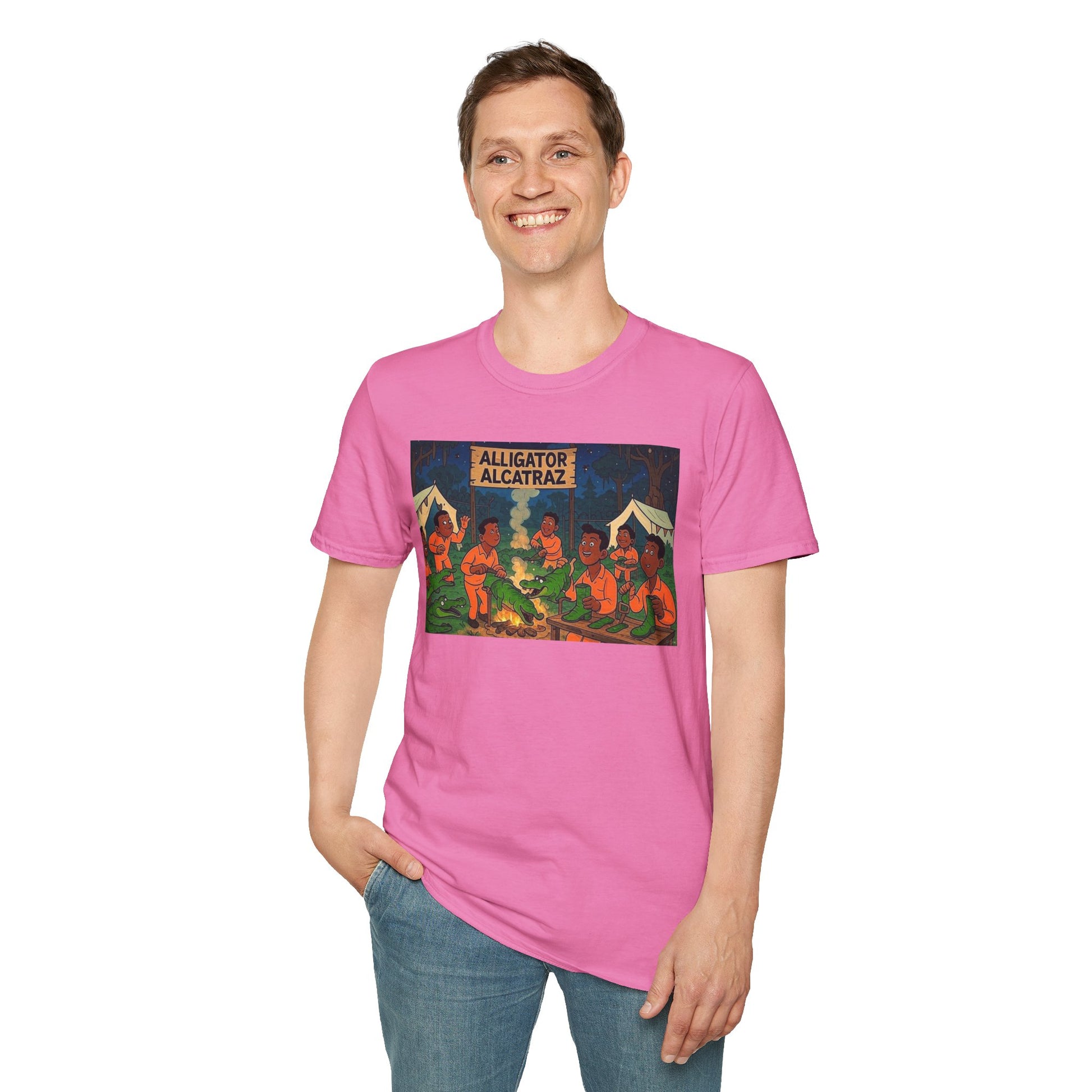 Raza Alligator Alcatraz T-Shirt, Campfire Graphic Tee Outdoor Adventure Shirt, Boots and belts