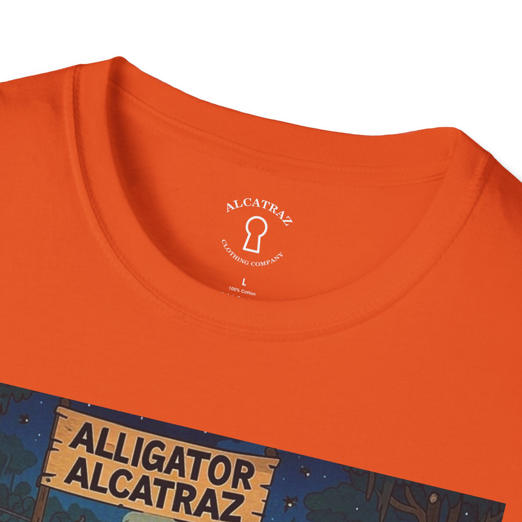 Raza Alligator Alcatraz T-Shirt, Campfire Graphic Tee Outdoor Adventure Shirt, Boots and belts