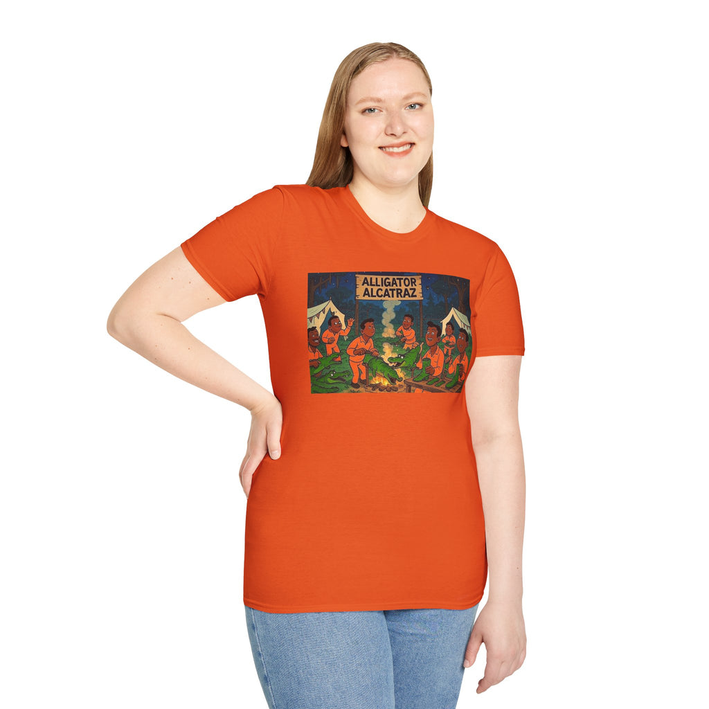 Raza Alligator Alcatraz T-Shirt, Campfire Graphic Tee Outdoor Adventure Shirt, Boots and belts