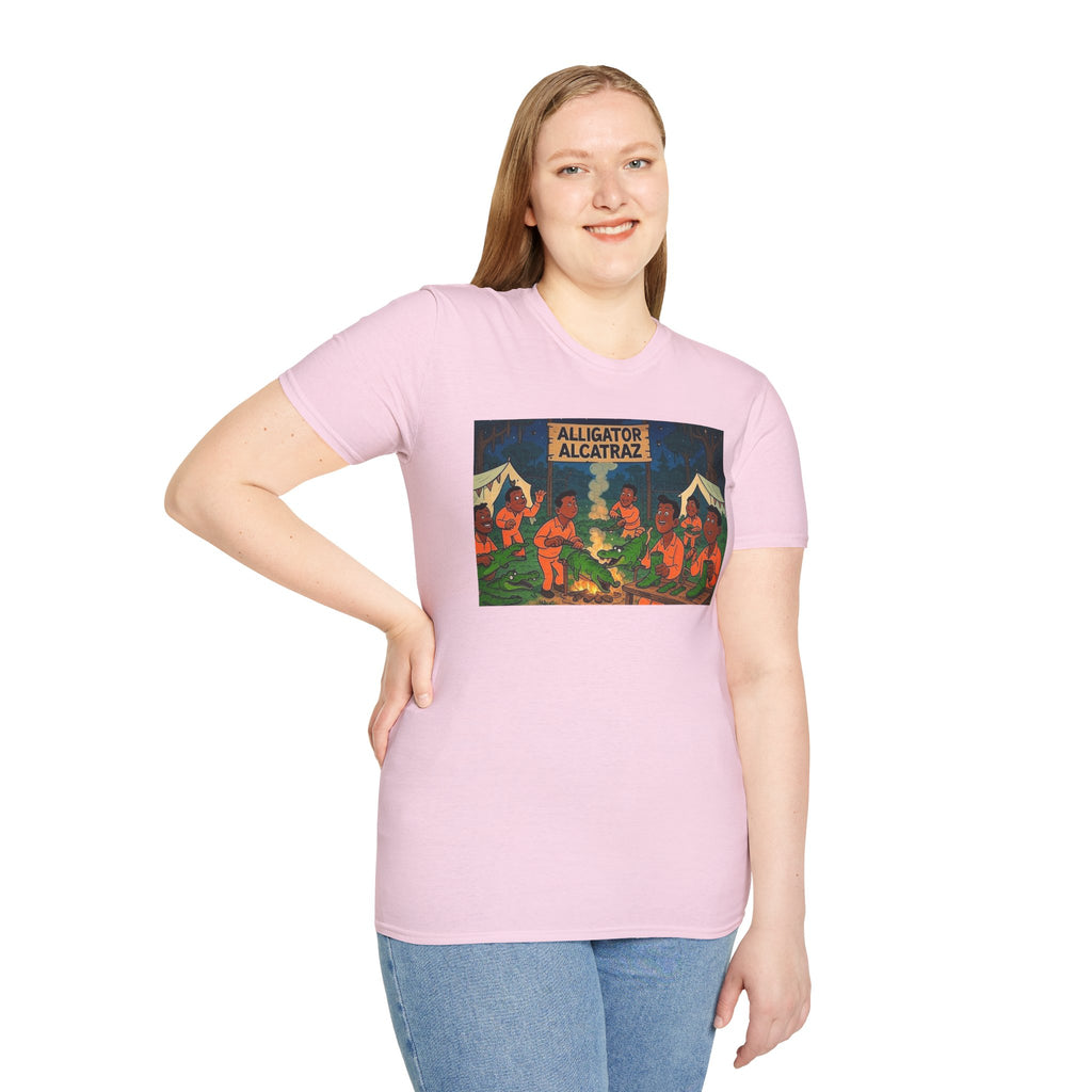 Raza Alligator Alcatraz T-Shirt, Campfire Graphic Tee Outdoor Adventure Shirt, Boots and belts