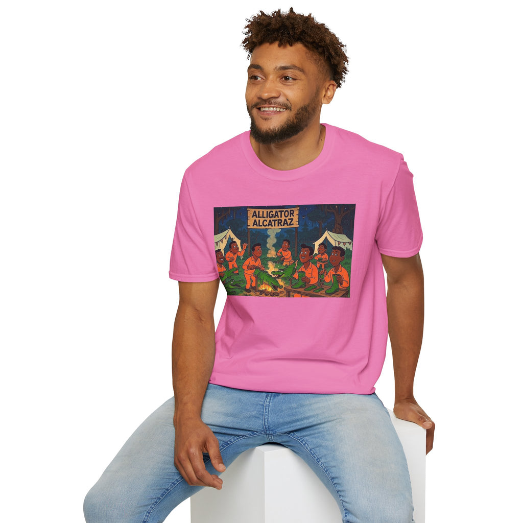 Raza Alligator Alcatraz T-Shirt, Campfire Graphic Tee Outdoor Adventure Shirt, Boots and belts