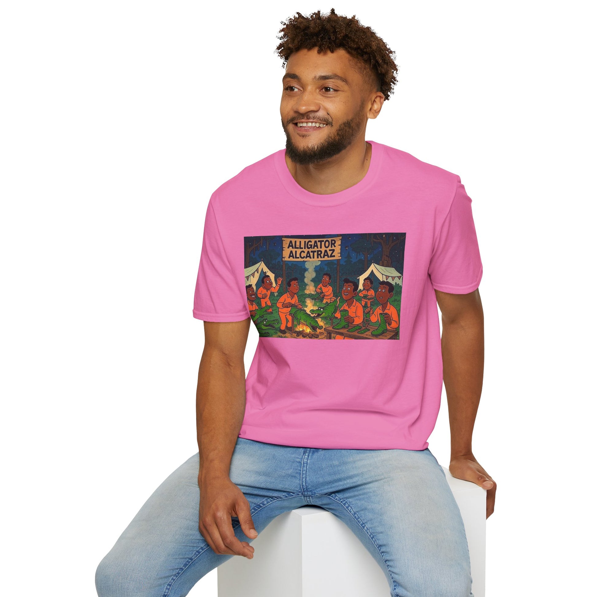Raza Alligator Alcatraz T-Shirt, Campfire Graphic Tee Outdoor Adventure Shirt, Boots and belts
