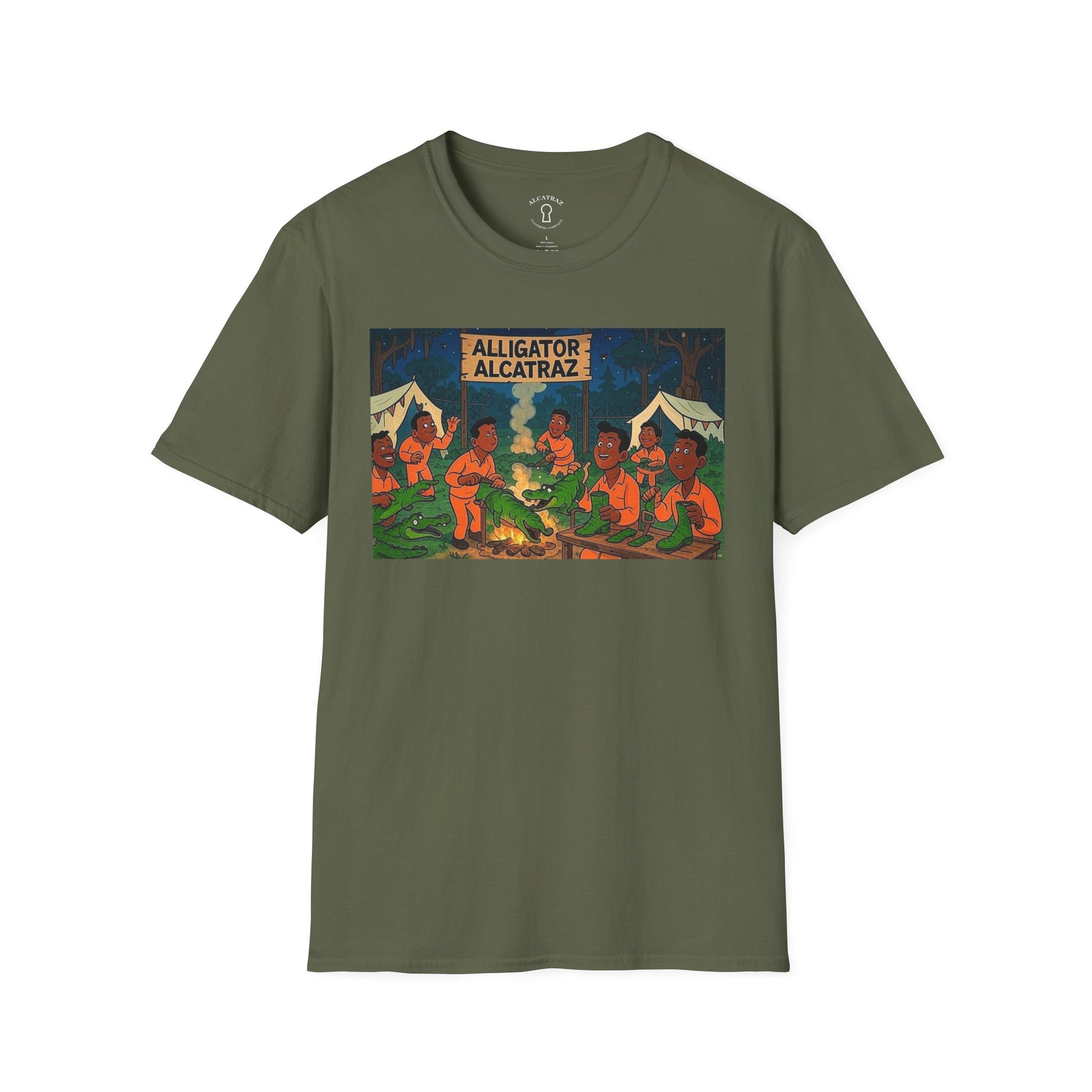 Raza Alligator Alcatraz T-Shirt, Campfire Graphic Tee Outdoor Adventure Shirt, Boots and belts