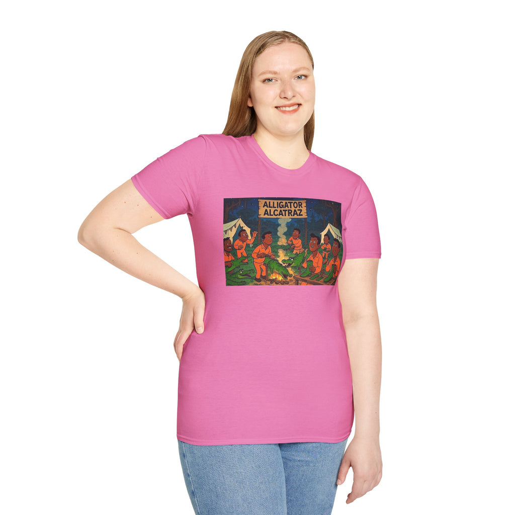 Raza Alligator Alcatraz T-Shirt, Campfire Graphic Tee Outdoor Adventure Shirt, Boots and belts