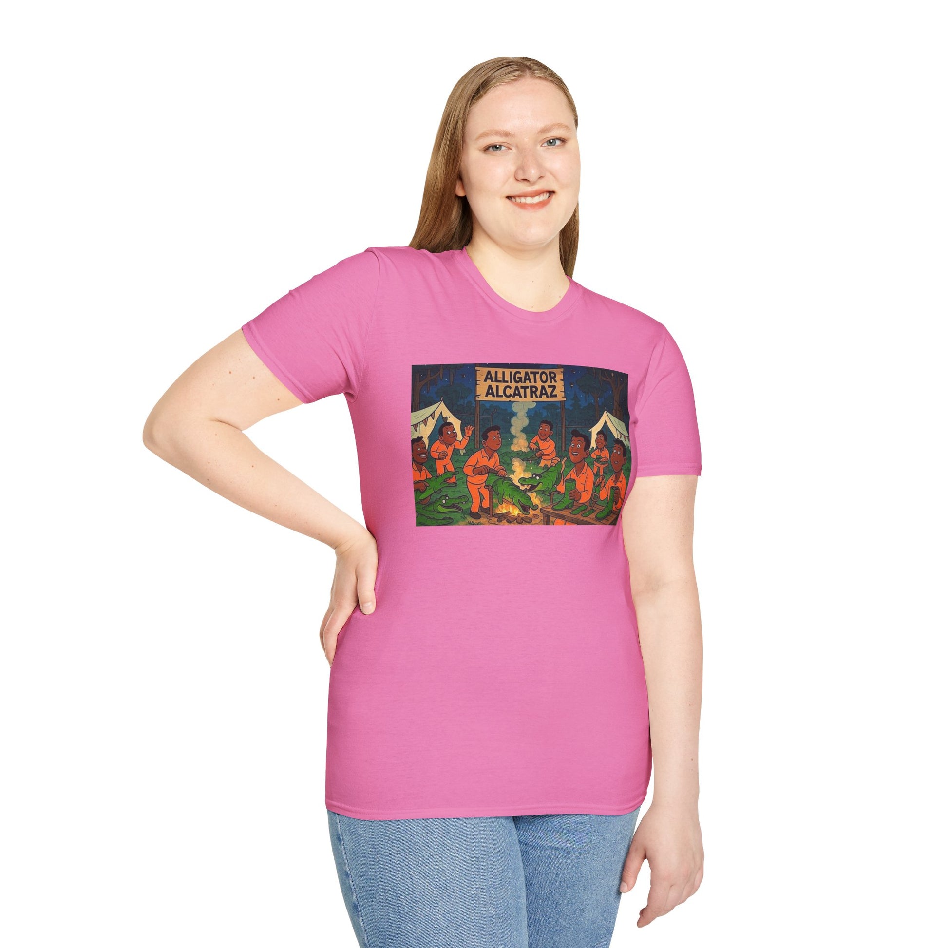 Raza Alligator Alcatraz T-Shirt, Campfire Graphic Tee Outdoor Adventure Shirt, Boots and belts