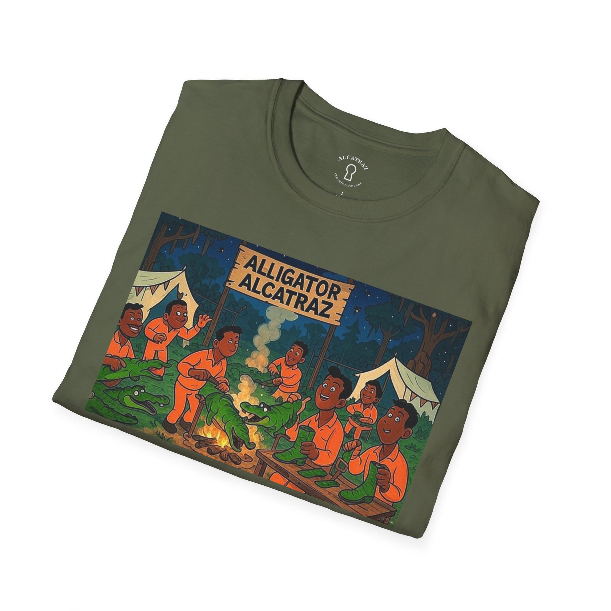 Raza Alligator Alcatraz T-Shirt, Campfire Graphic Tee Outdoor Adventure Shirt, Boots and belts