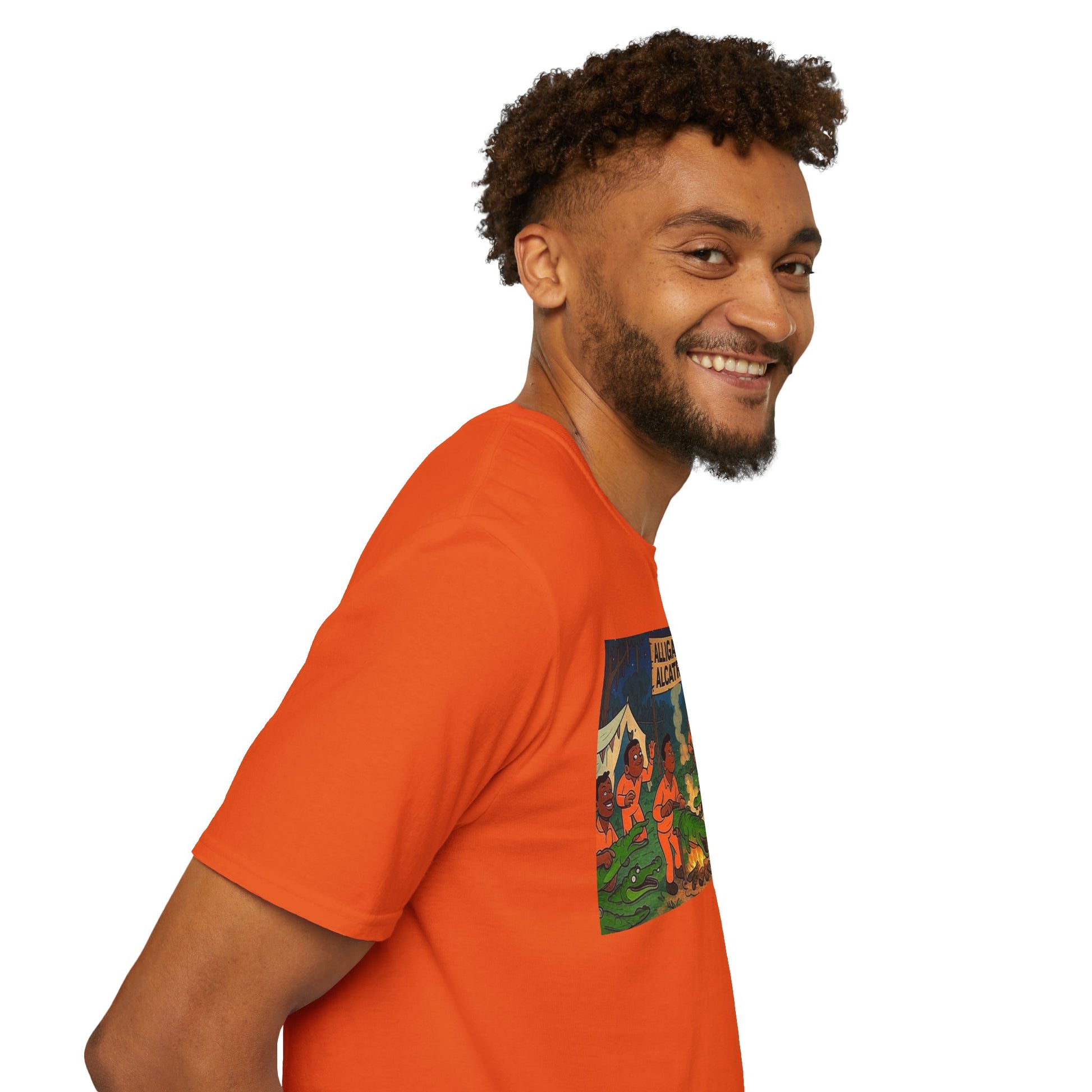 Raza Alligator Alcatraz T-Shirt, Campfire Graphic Tee Outdoor Adventure Shirt, Boots and belts