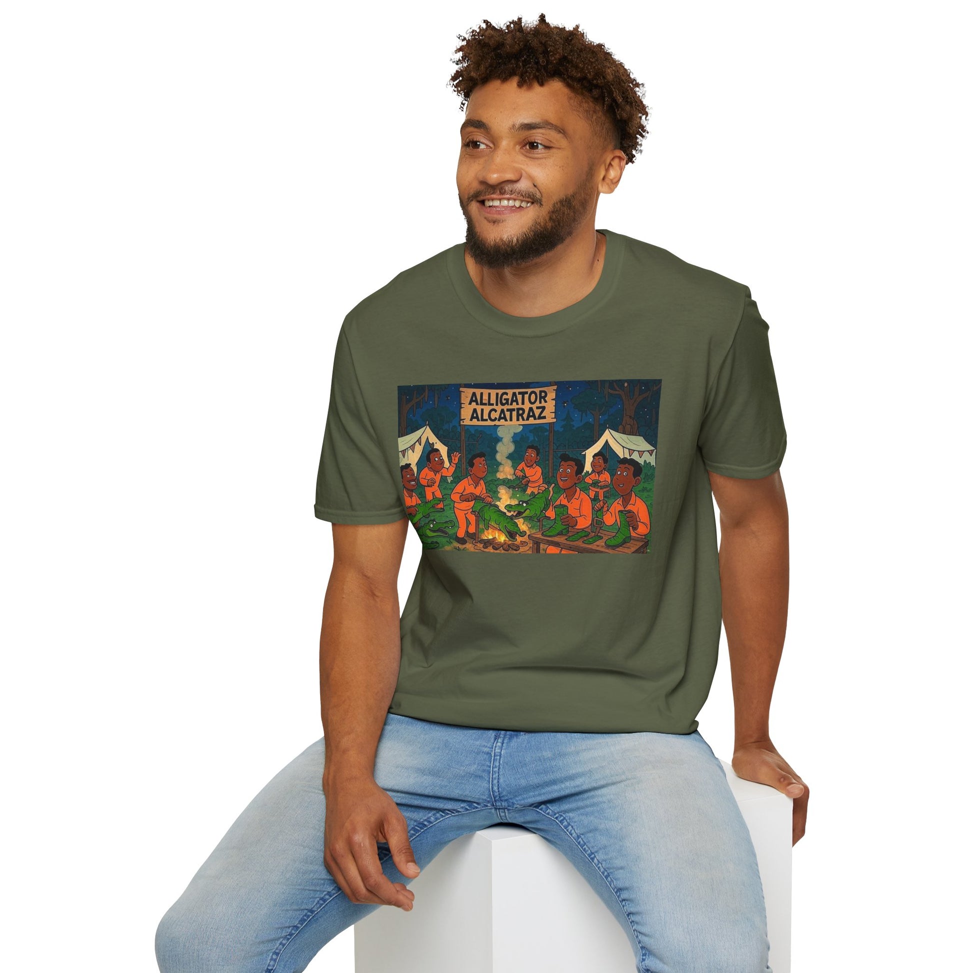 Raza Alligator Alcatraz T-Shirt, Campfire Graphic Tee Outdoor Adventure Shirt, Boots and belts