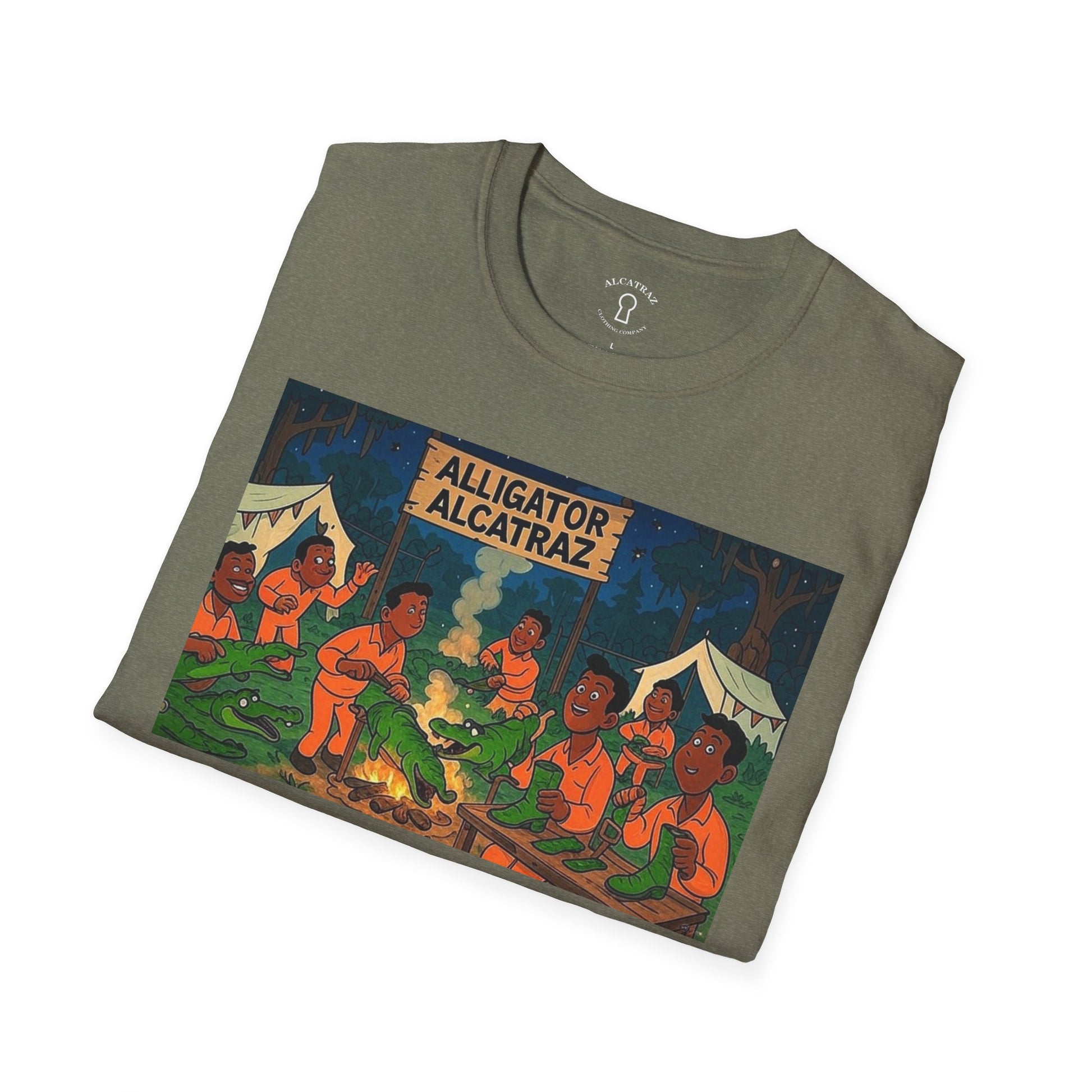 Raza Alligator Alcatraz T-Shirt, Campfire Graphic Tee Outdoor Adventure Shirt, Boots and belts