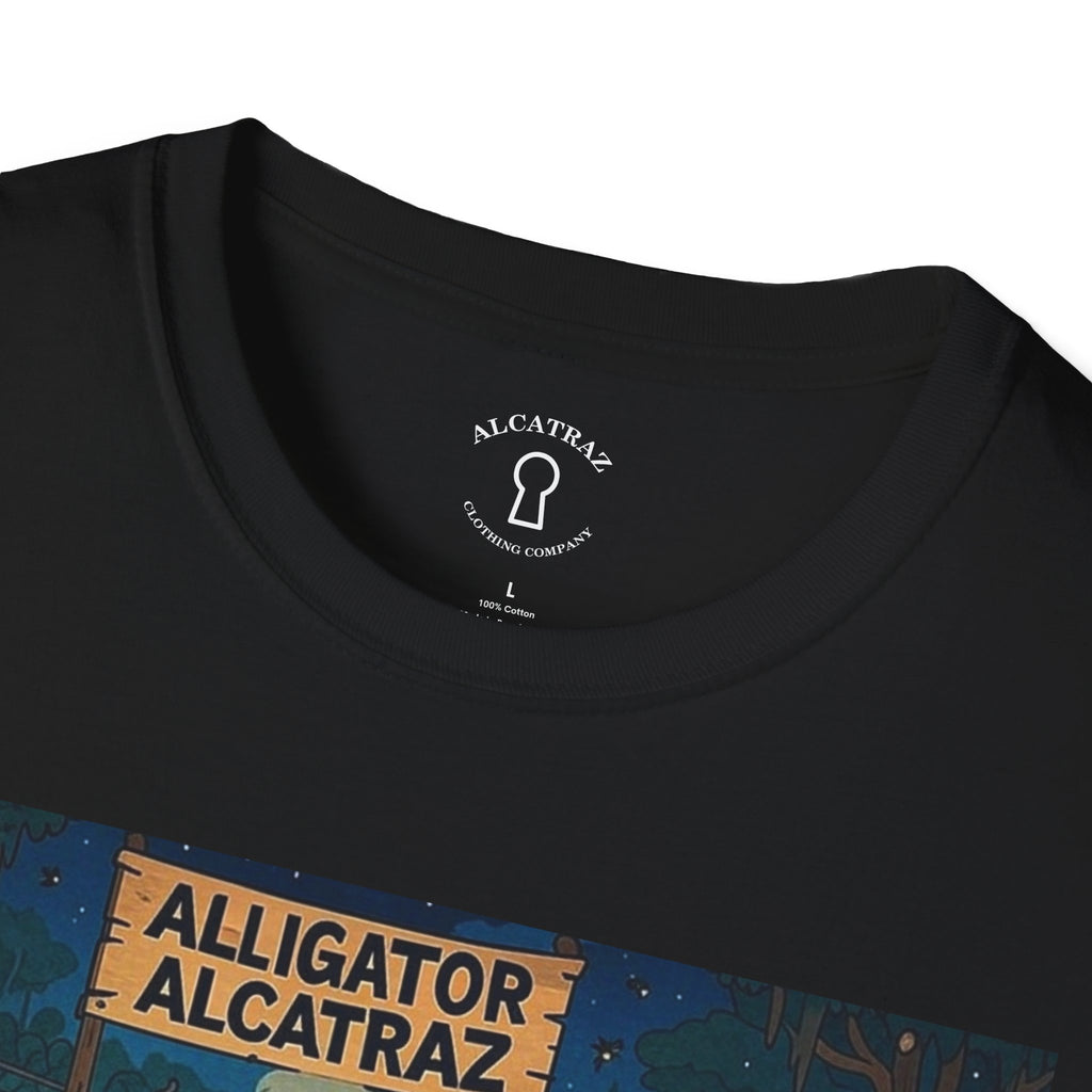 Raza Alligator Alcatraz T-Shirt, Campfire Graphic Tee Outdoor Adventure Shirt, Boots and belts