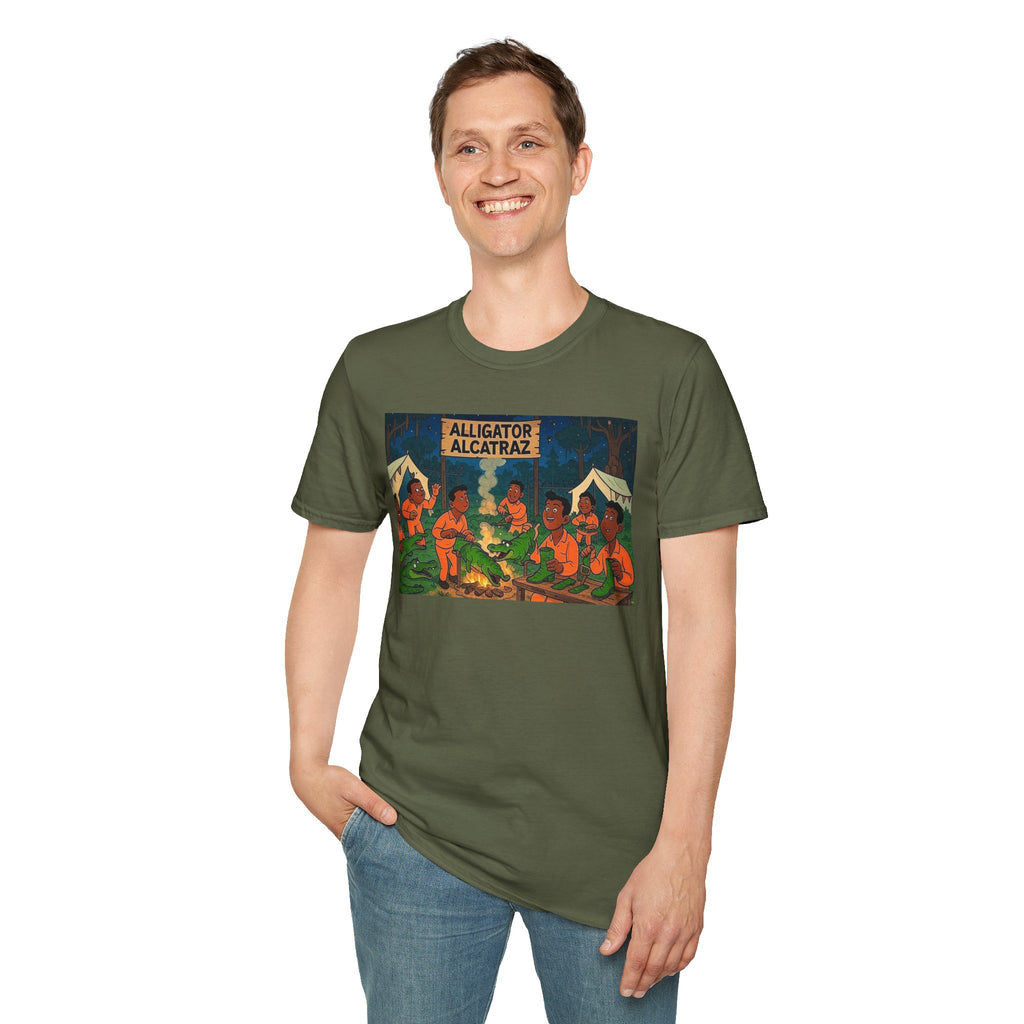 Raza Alligator Alcatraz T-Shirt, Campfire Graphic Tee Outdoor Adventure Shirt, Boots and belts