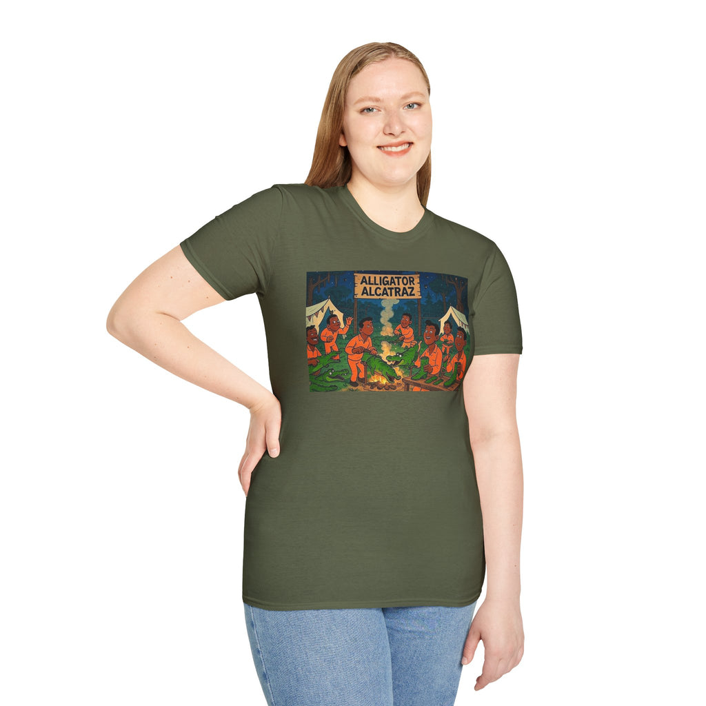 Raza Alligator Alcatraz T-Shirt, Campfire Graphic Tee Outdoor Adventure Shirt, Boots and belts