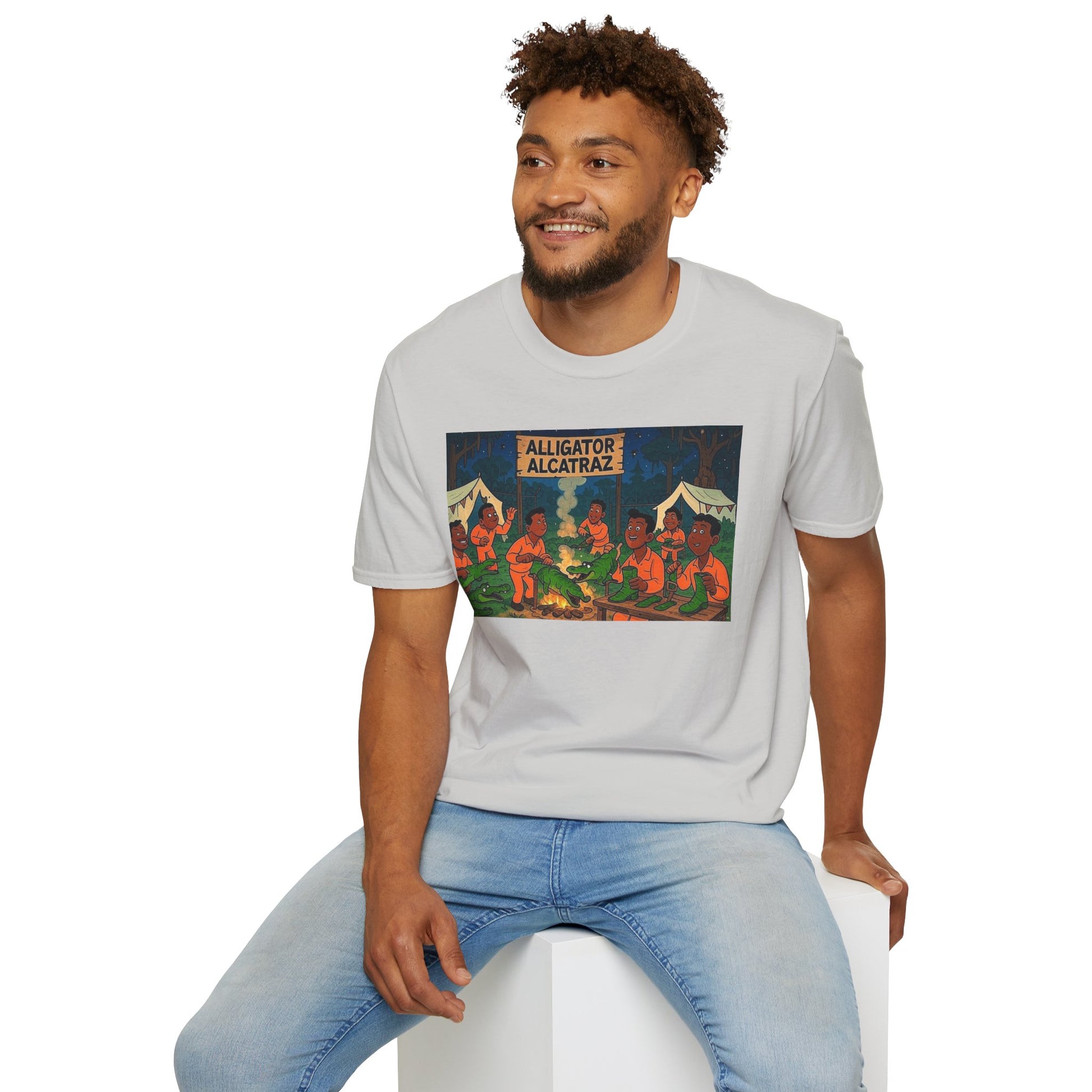 Raza Alligator Alcatraz T-Shirt, Campfire Graphic Tee Outdoor Adventure Shirt, Boots and belts
