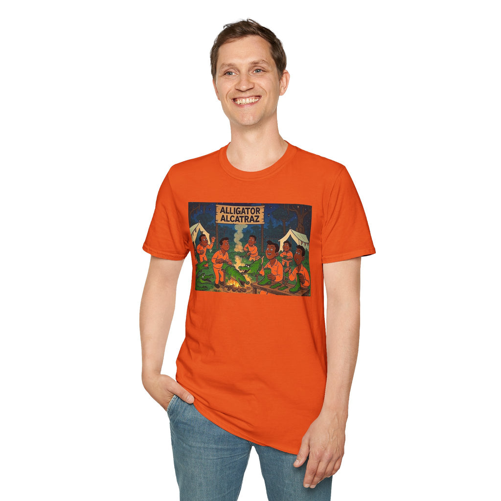 Raza Alligator Alcatraz T-Shirt, Campfire Graphic Tee Outdoor Adventure Shirt, Boots and belts
