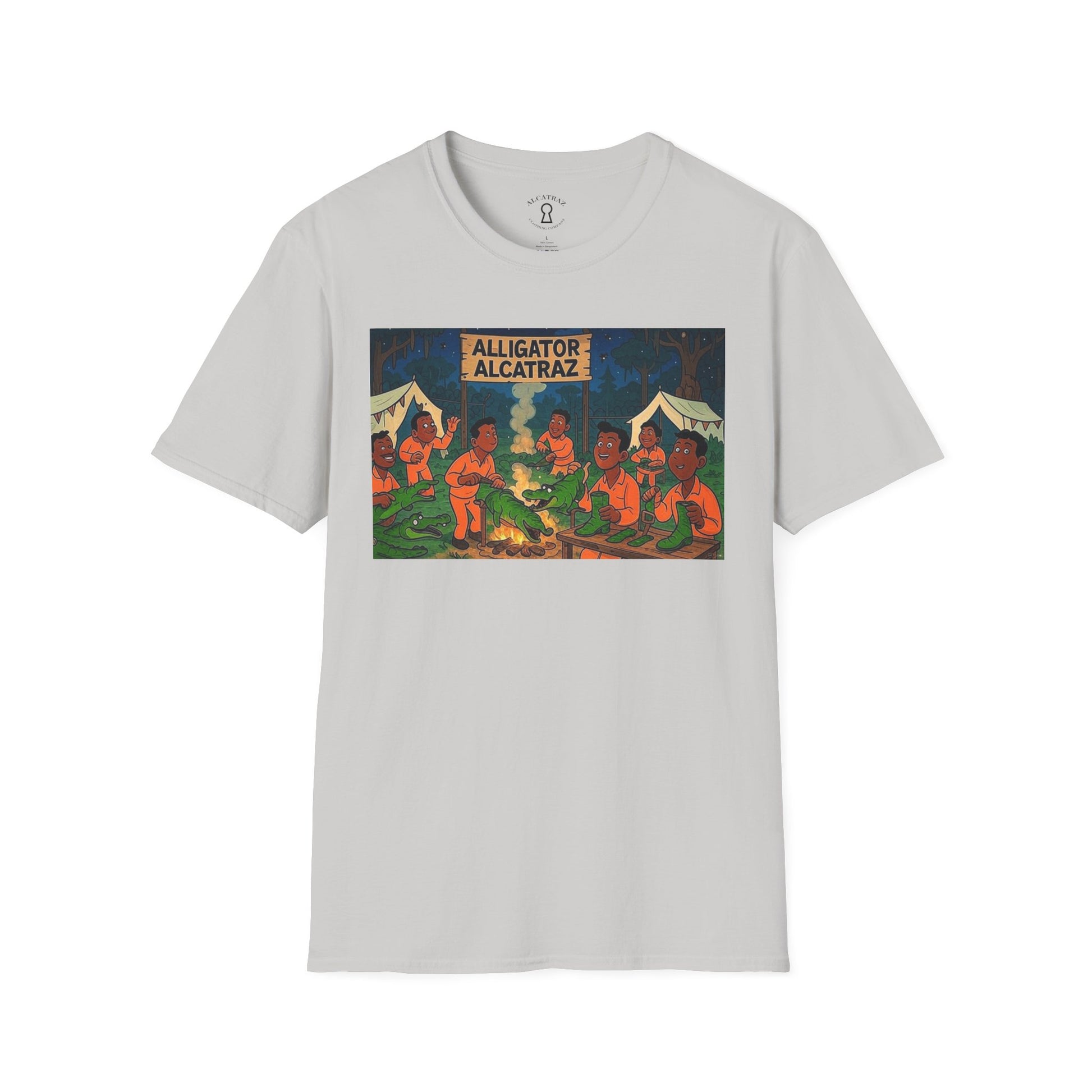 Raza Alligator Alcatraz T-Shirt, Campfire Graphic Tee Outdoor Adventure Shirt, Boots and belts