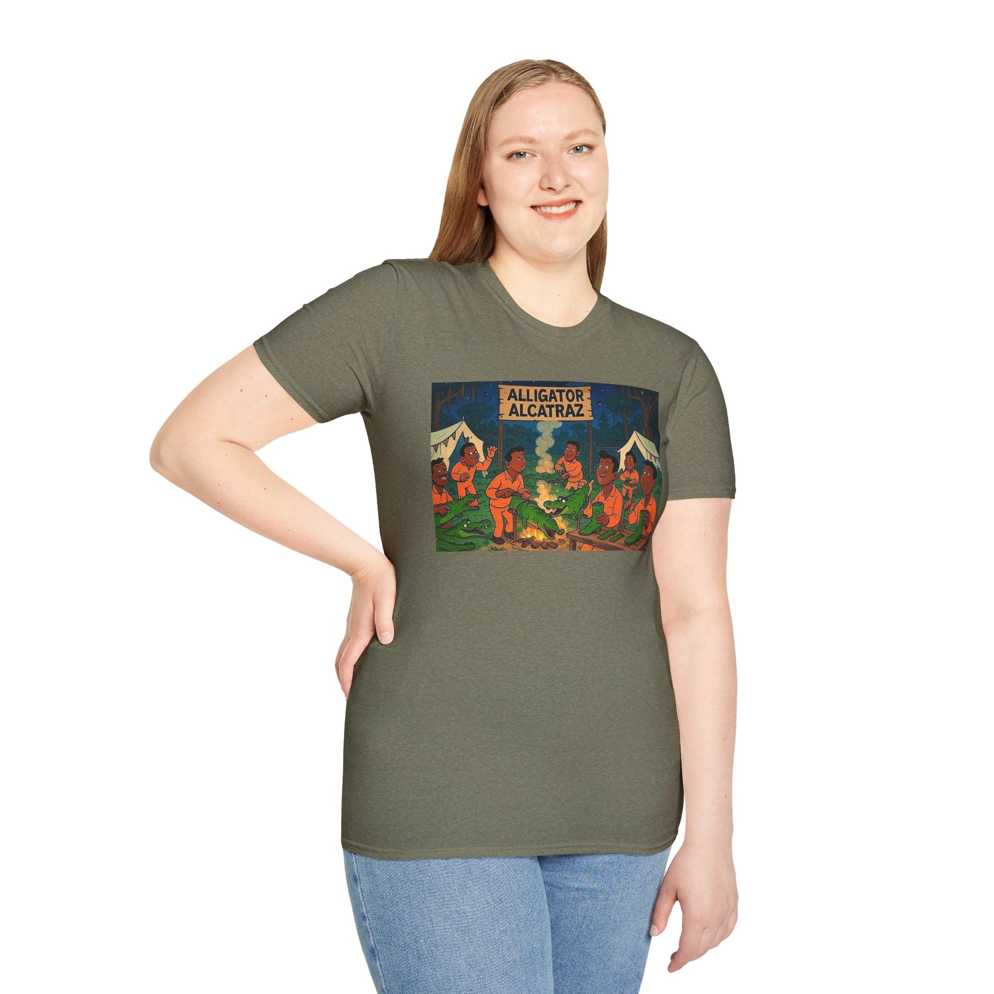 Raza Alligator Alcatraz T-Shirt, Campfire Graphic Tee Outdoor Adventure Shirt, Boots and belts