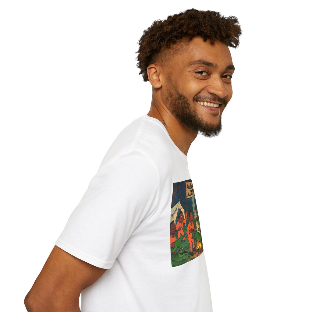 Raza Alligator Alcatraz T-Shirt, Campfire Graphic Tee Outdoor Adventure Shirt, Boots and belts