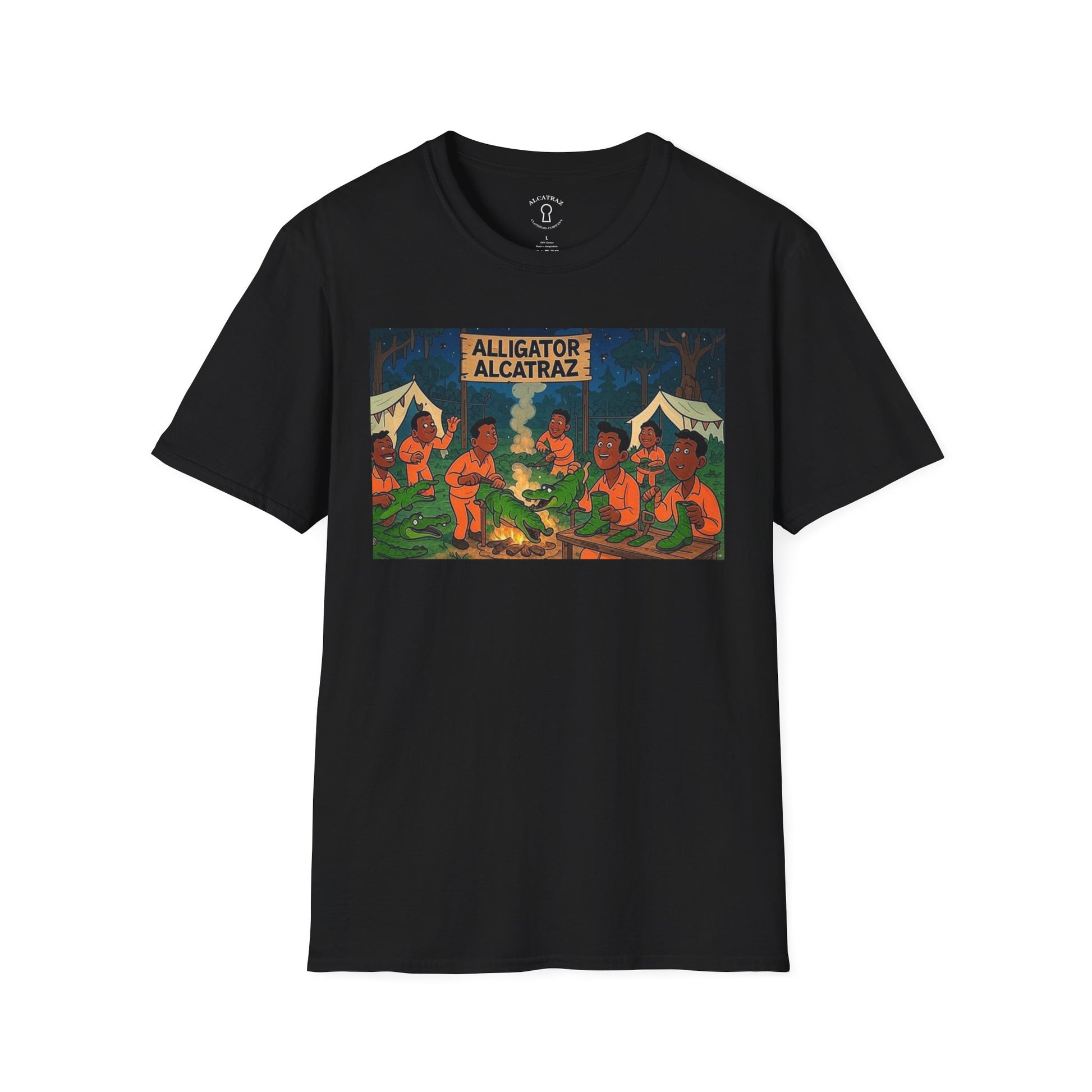 Raza Alligator Alcatraz T-Shirt, Campfire Graphic Tee Outdoor Adventure Shirt, Boots and belts
