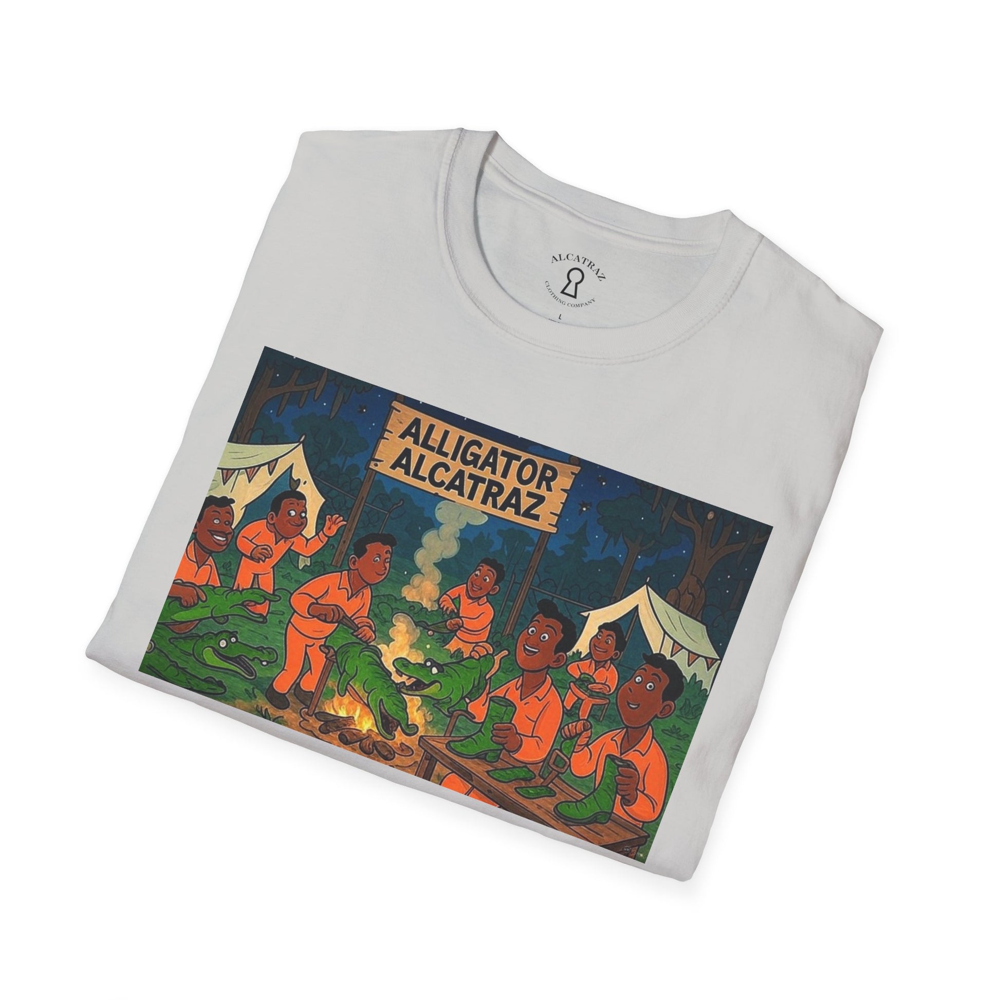 Raza Alligator Alcatraz T-Shirt, Campfire Graphic Tee Outdoor Adventure Shirt, Boots and belts