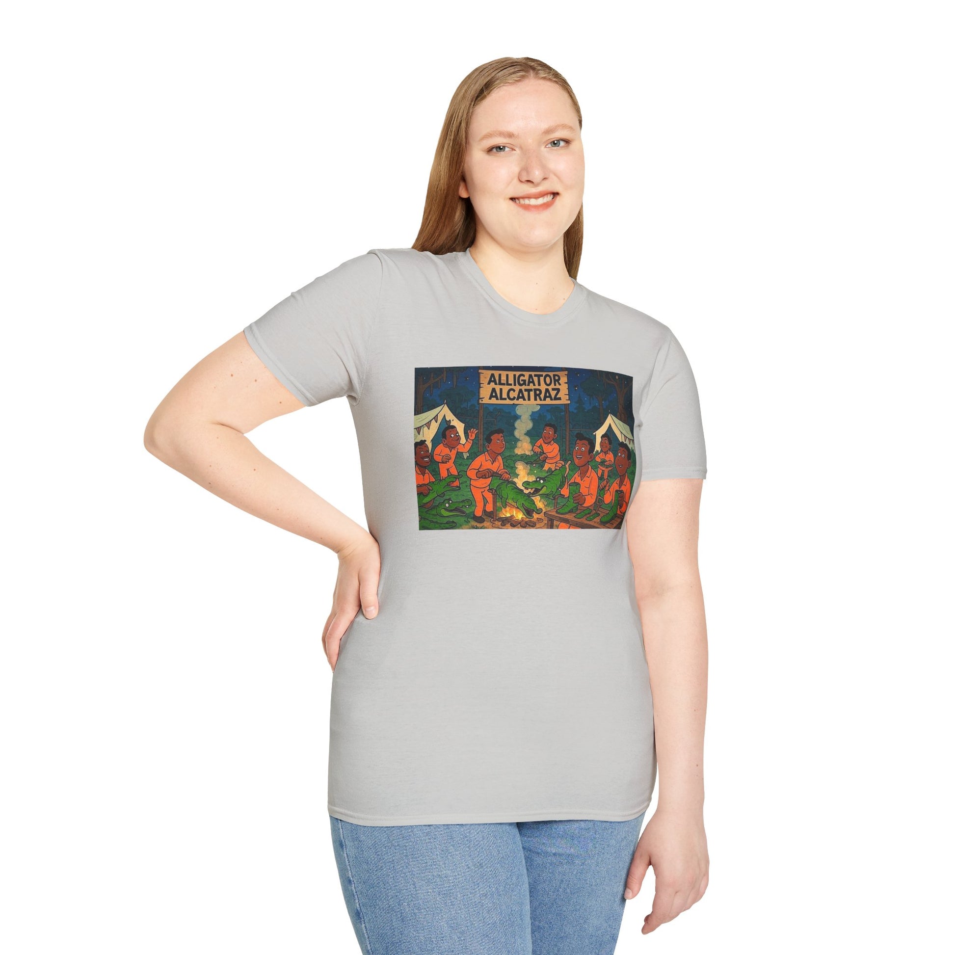 Raza Alligator Alcatraz T-Shirt, Campfire Graphic Tee Outdoor Adventure Shirt, Boots and belts