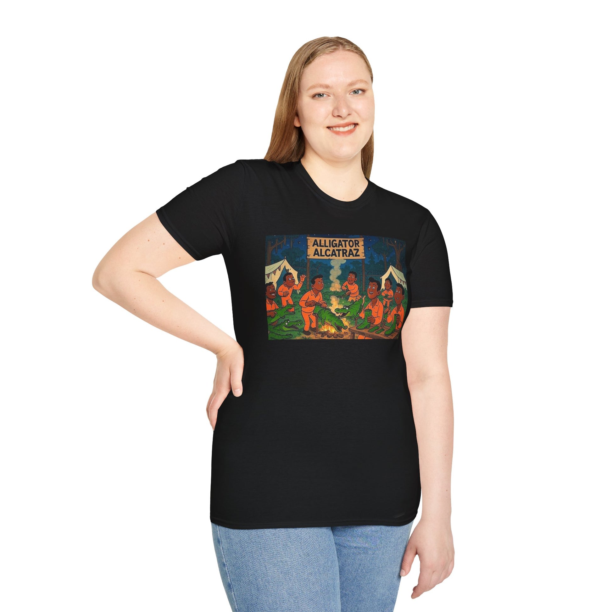 Raza Alligator Alcatraz T-Shirt, Campfire Graphic Tee Outdoor Adventure Shirt, Boots and belts