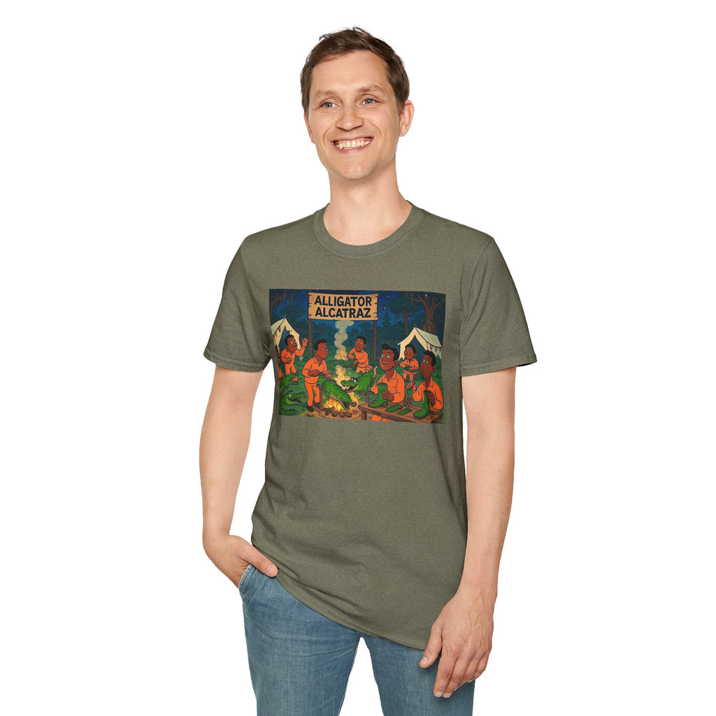 Raza Alligator Alcatraz T-Shirt, Campfire Graphic Tee Outdoor Adventure Shirt, Boots and belts