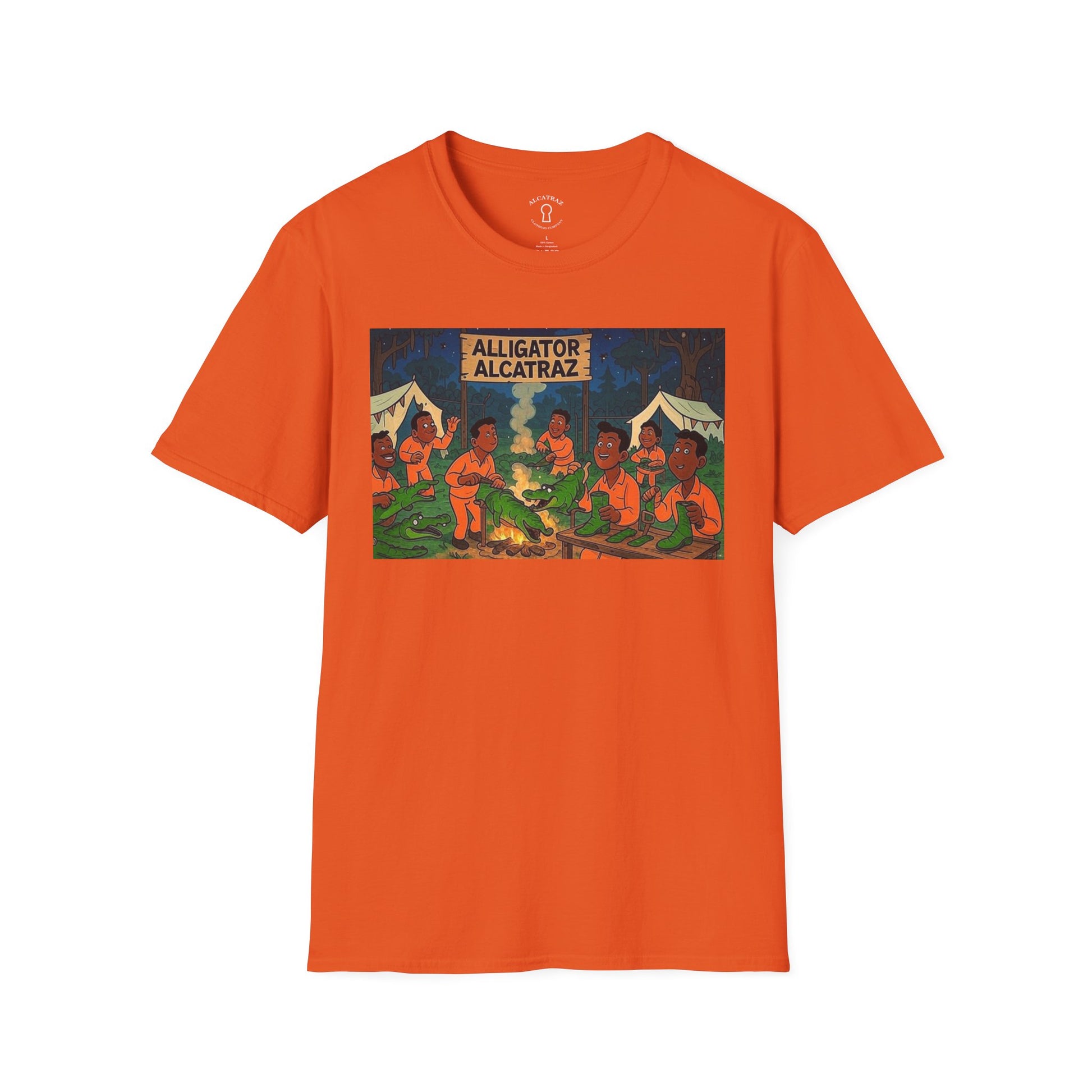 Raza Alligator Alcatraz T-Shirt, Campfire Graphic Tee Outdoor Adventure Shirt, Boots and belts