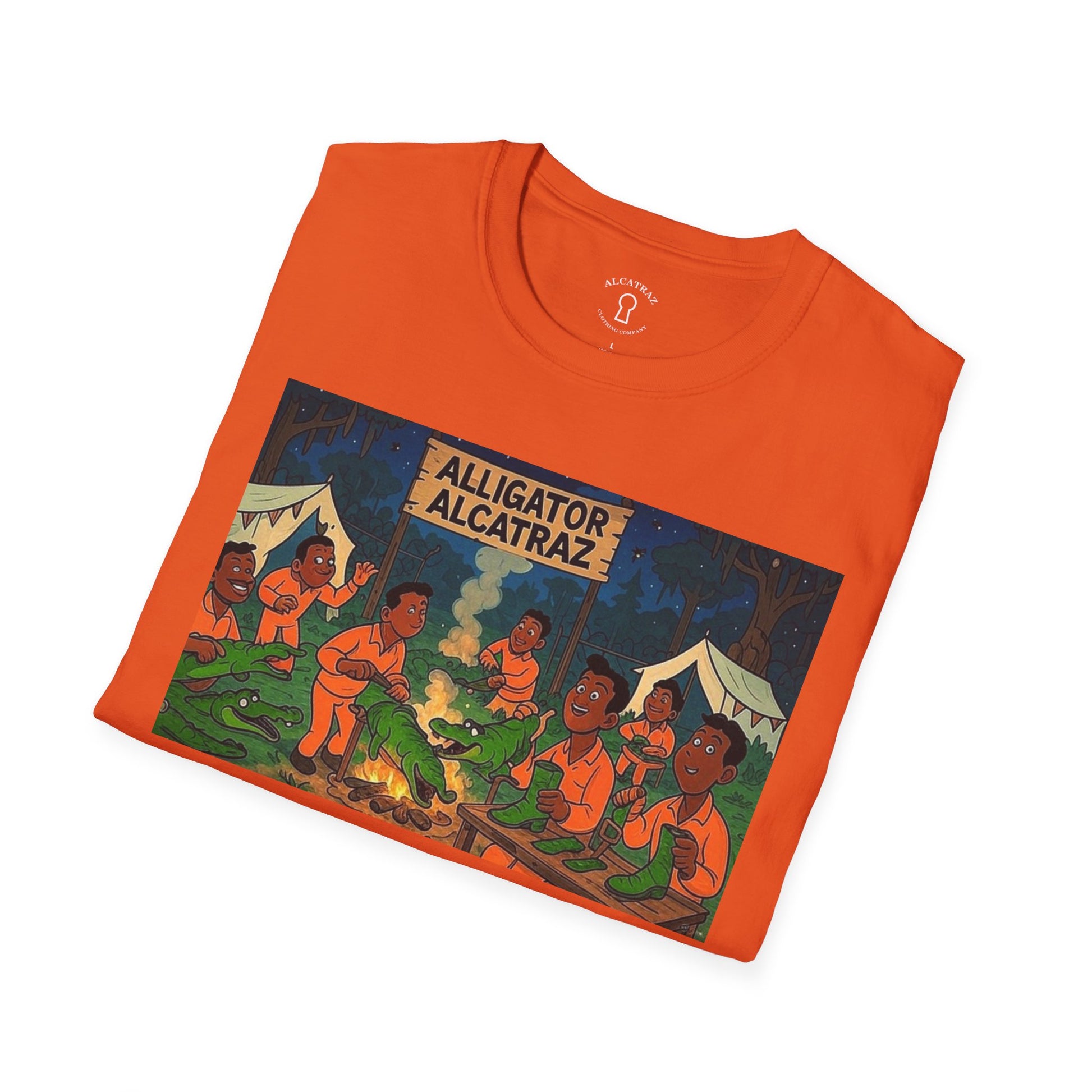 Raza Alligator Alcatraz T-Shirt, Campfire Graphic Tee Outdoor Adventure Shirt, Boots and belts