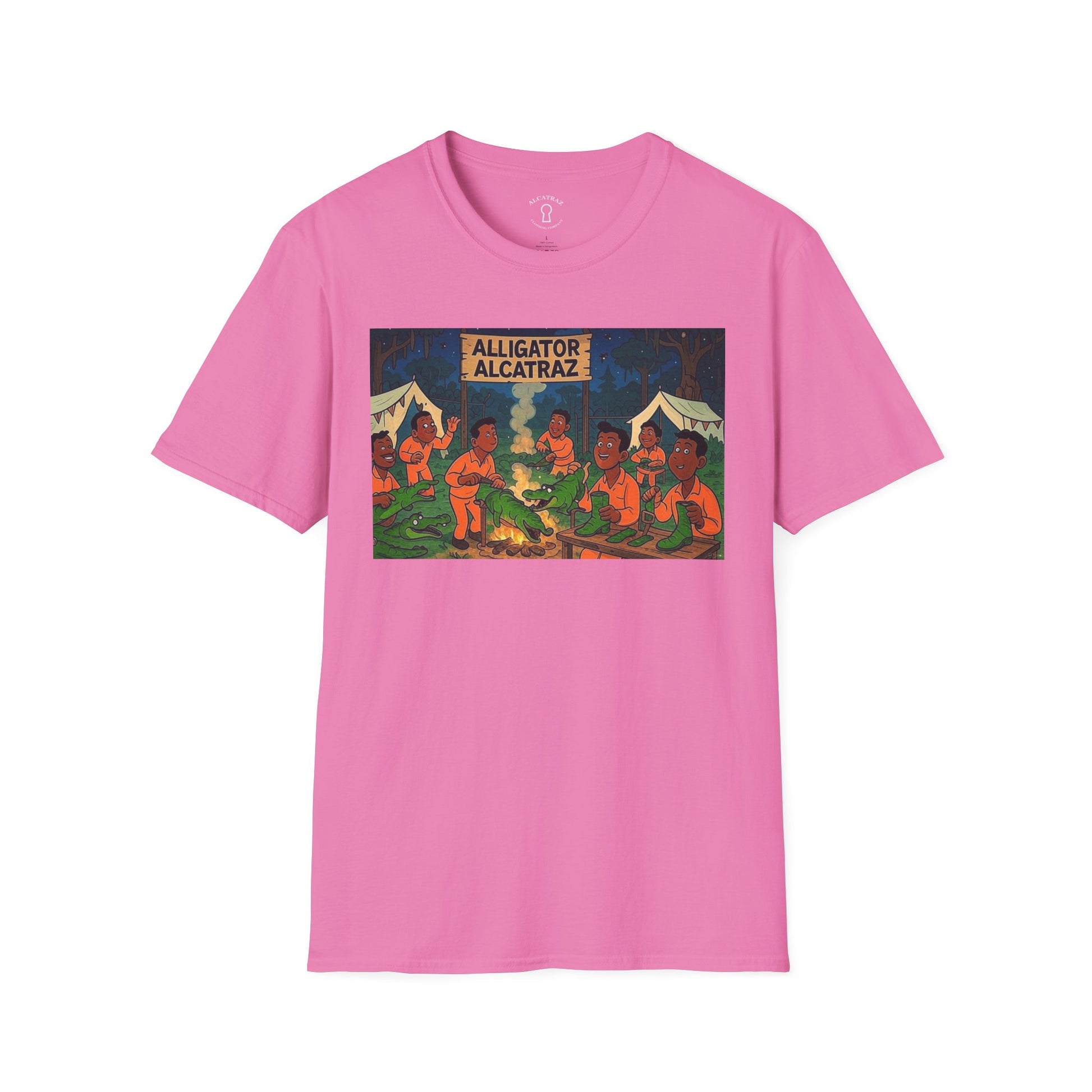 Raza Alligator Alcatraz T-Shirt, Campfire Graphic Tee Outdoor Adventure Shirt, Boots and belts